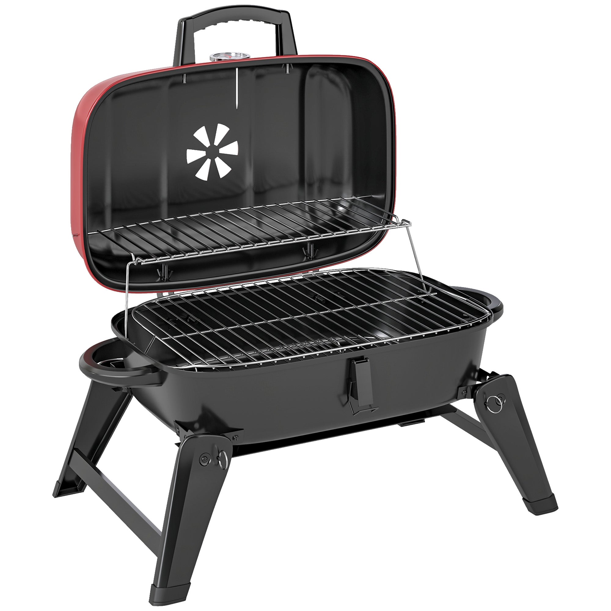Outsunny Charcoal Barbecue Grill Folding BBQ Grill with 1232 cm² Cooking Area, Adjustable Vent, Thermometer, Handles for Camping Picnic, Red - North Peak Garden Furniture