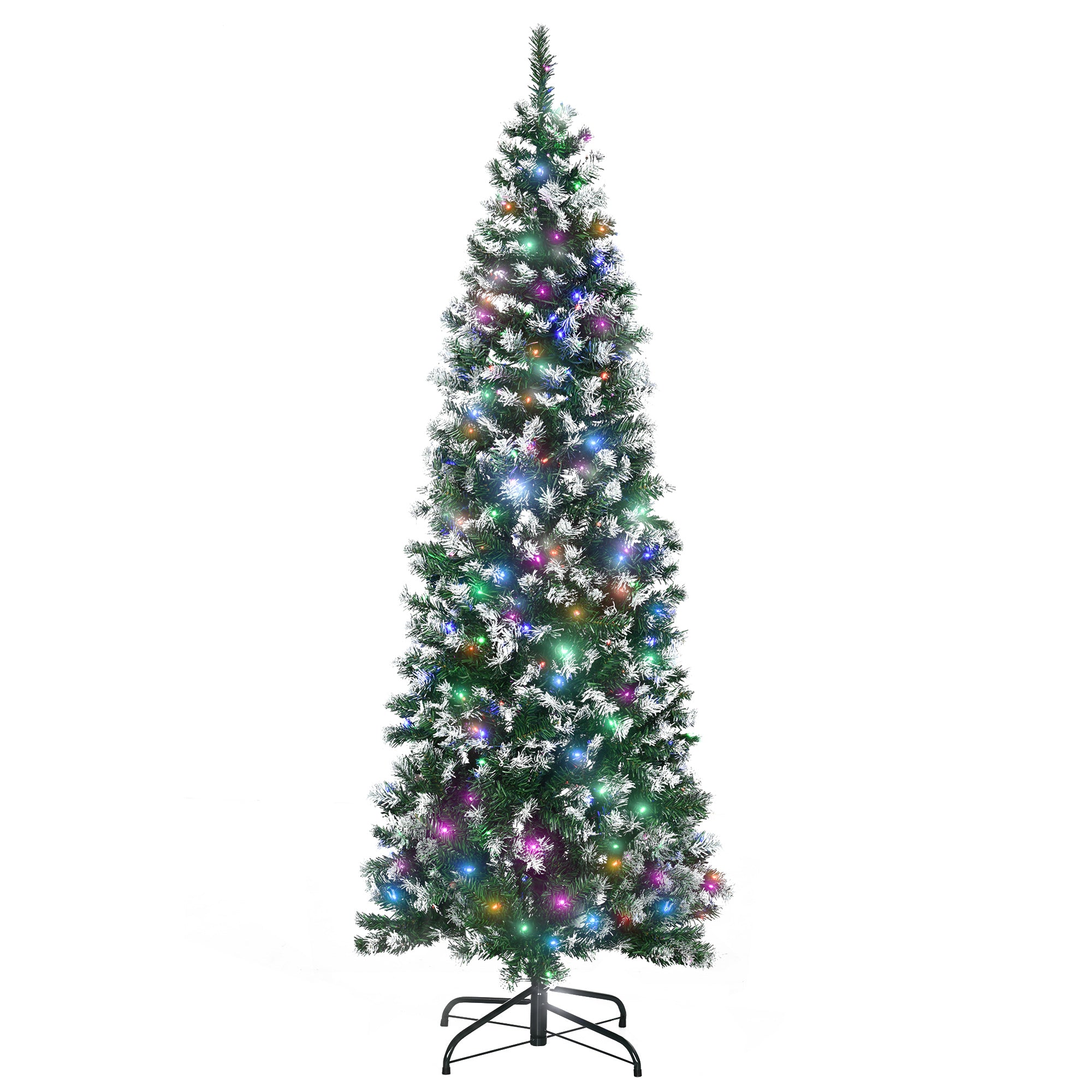 HOMCOM 6FT Tall Prelit Pencil Slim Artificial Christmas Tree with Realistic Branches, 300 Colourful LED Lights and 618 Tips, Xmas Decoration, Green - North Peak Garden Furniture