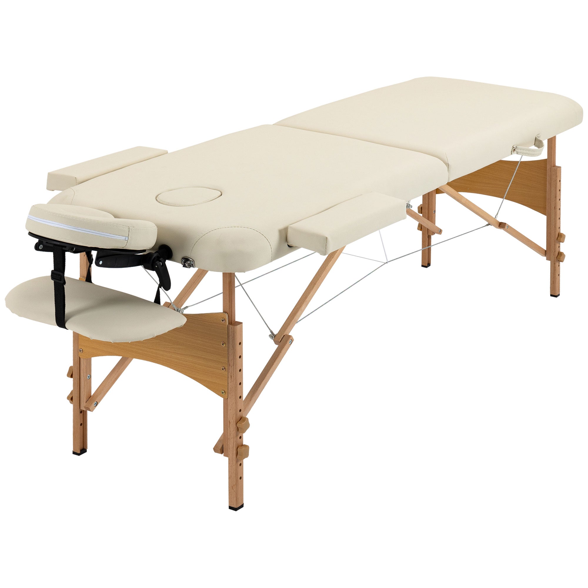 HOMCOM Portable Massage Bed, Folding Spa Beauty Massage Table with 2 Sections, Carry Bag and Wooden Frame, Cream - North Peak Garden Furniture