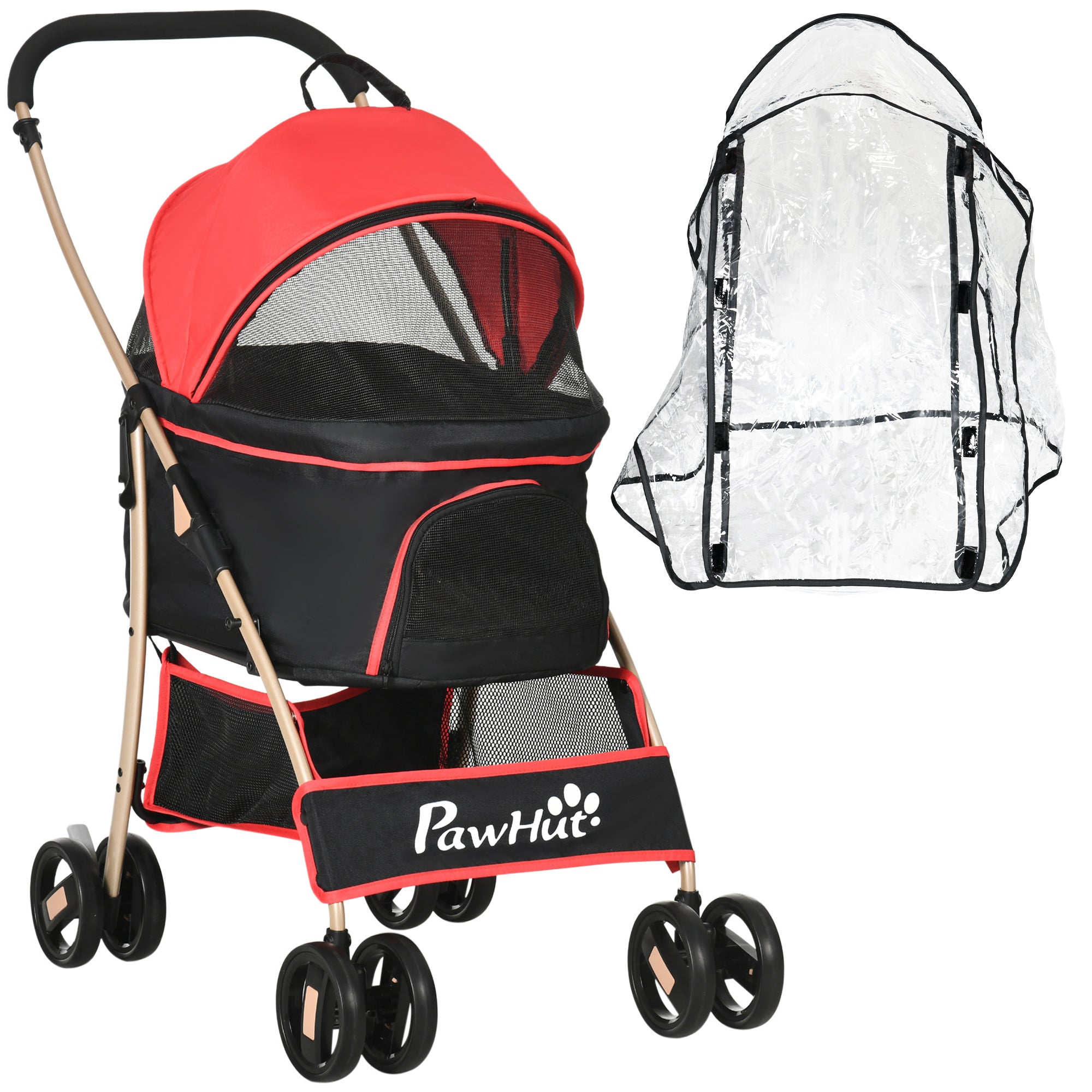 PawHut Detachable Pet Stroller with Rain Cover, 3 In 1 Cat Dog Pushchair, Foldable Carrying Bag w/ Universal Wheels, Brake, Canopy, Basket, Storage Bag for Small and Tiny Dogs - Red - North Peak Garden Furniture