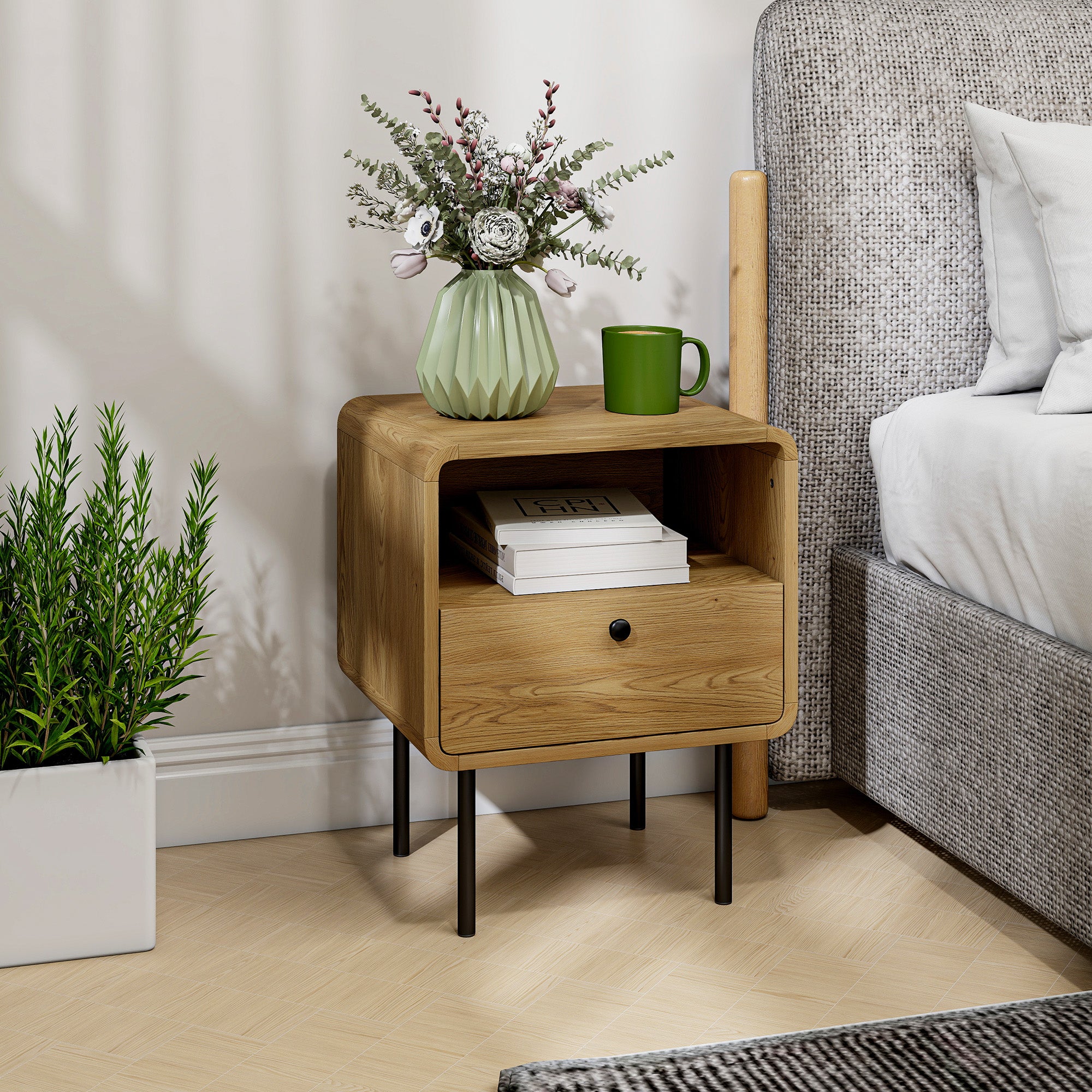 HOMCOM Bedside Table with Drawer and Open Shelf - Oak