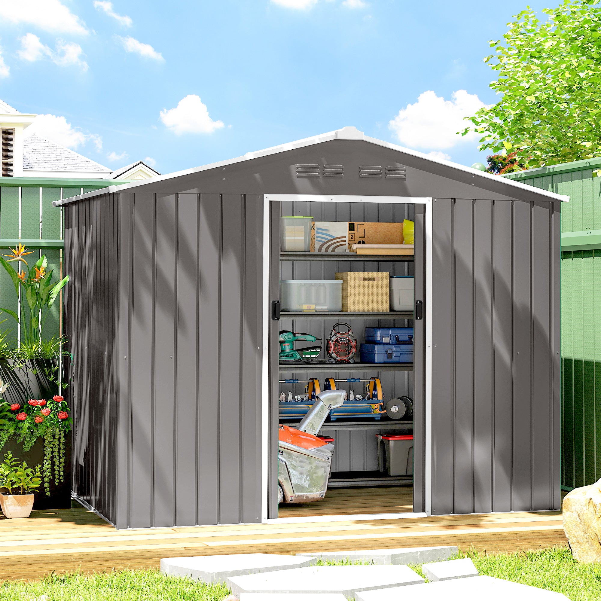 Outsunny 8 x 6ft Galvanised Steel Shed, with Double Door - Light Grey