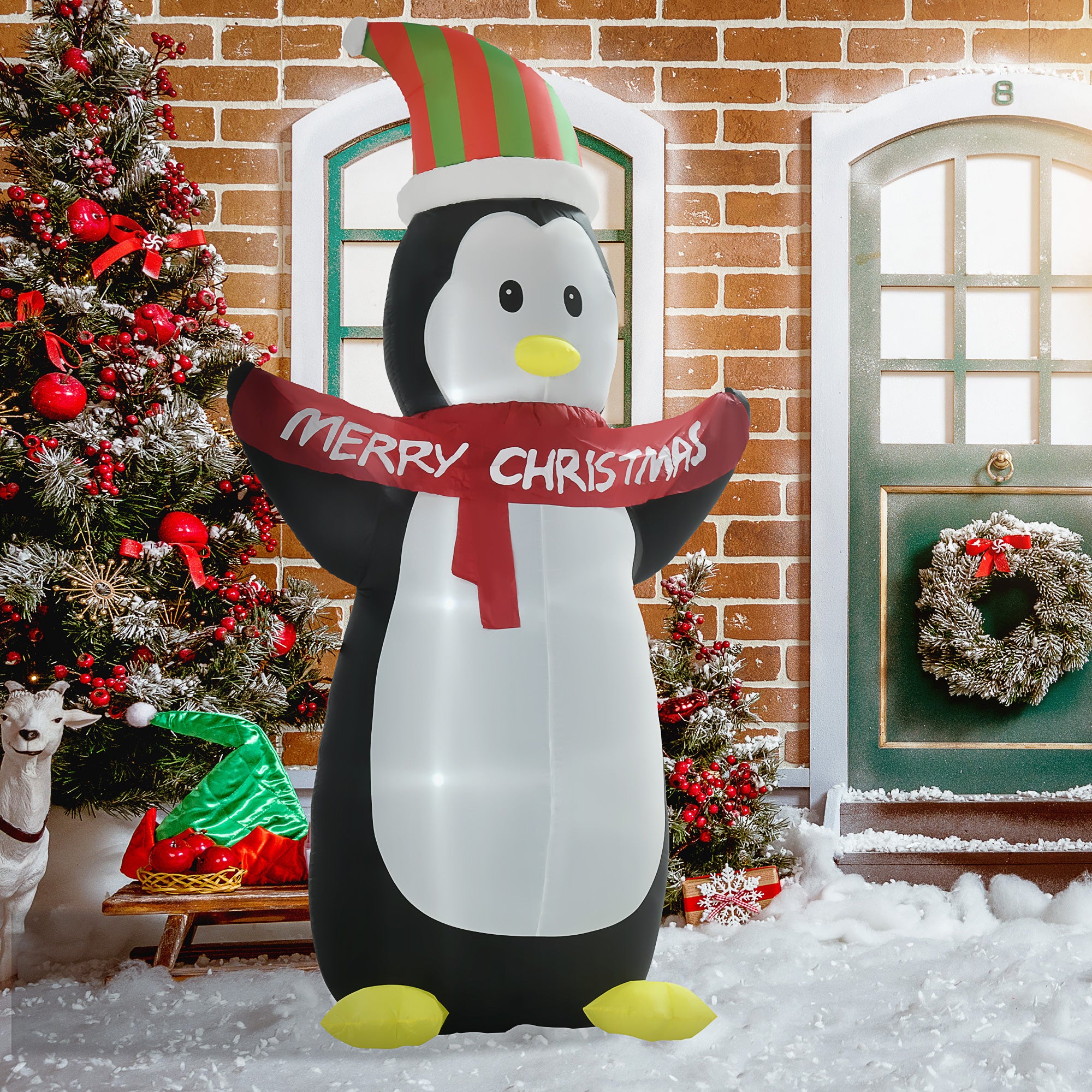 HOMCOM 8ft Inflatable Penguin & Christmas Banner Decoration w/ Inner LED Lights Indoor Outdoor Weather-Resistant Shell Fun Cute - North Peak Garden Furniture