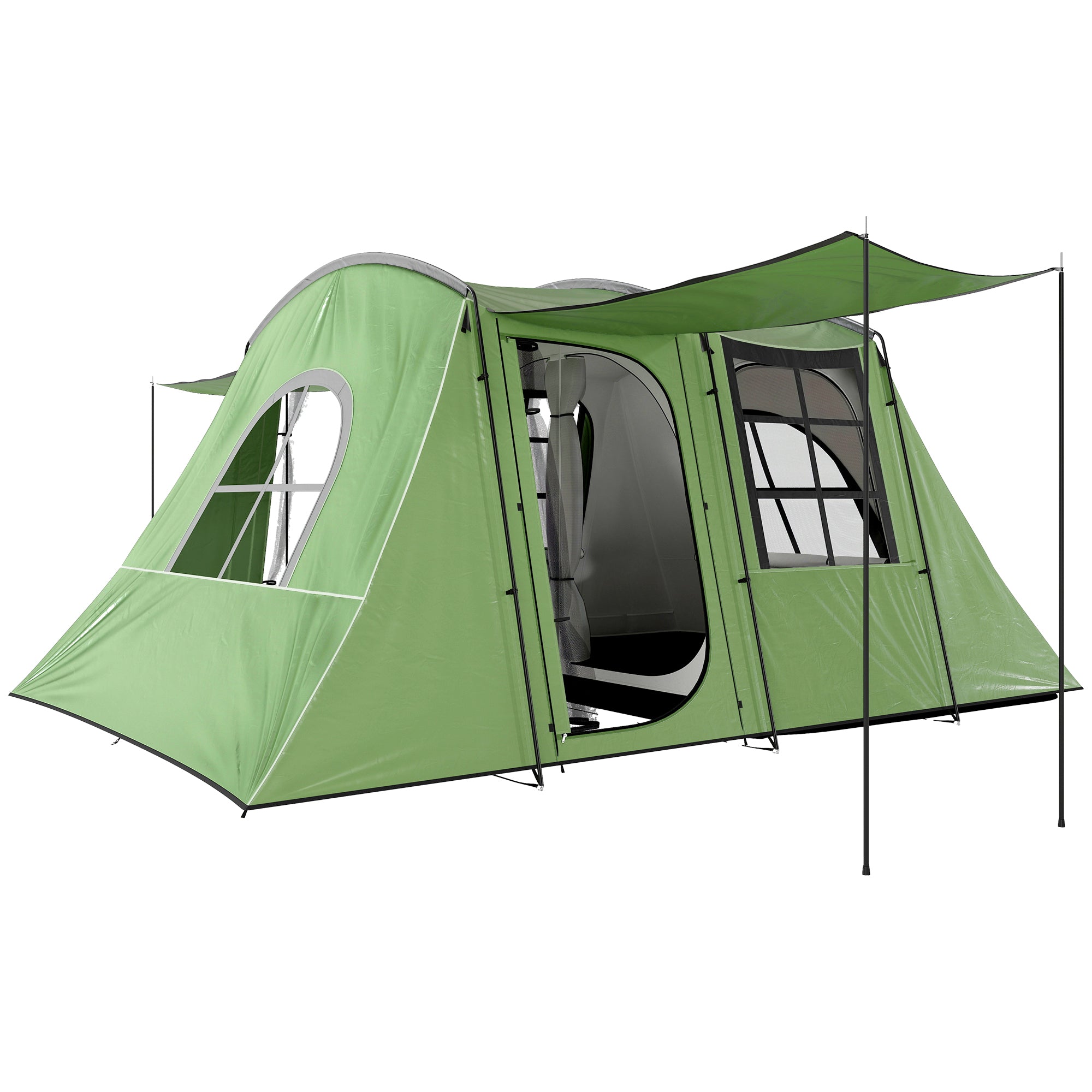 Outsunny 3-4 Man Tunnel Tent, Family Camping Tent with Porch, Bedroom and Living Area, Sewn in Groundsheet, 3000mm Waterproof, Portable with Bag for Hiking, Festival, Backpacking, Green - North Peak Garden Furniture