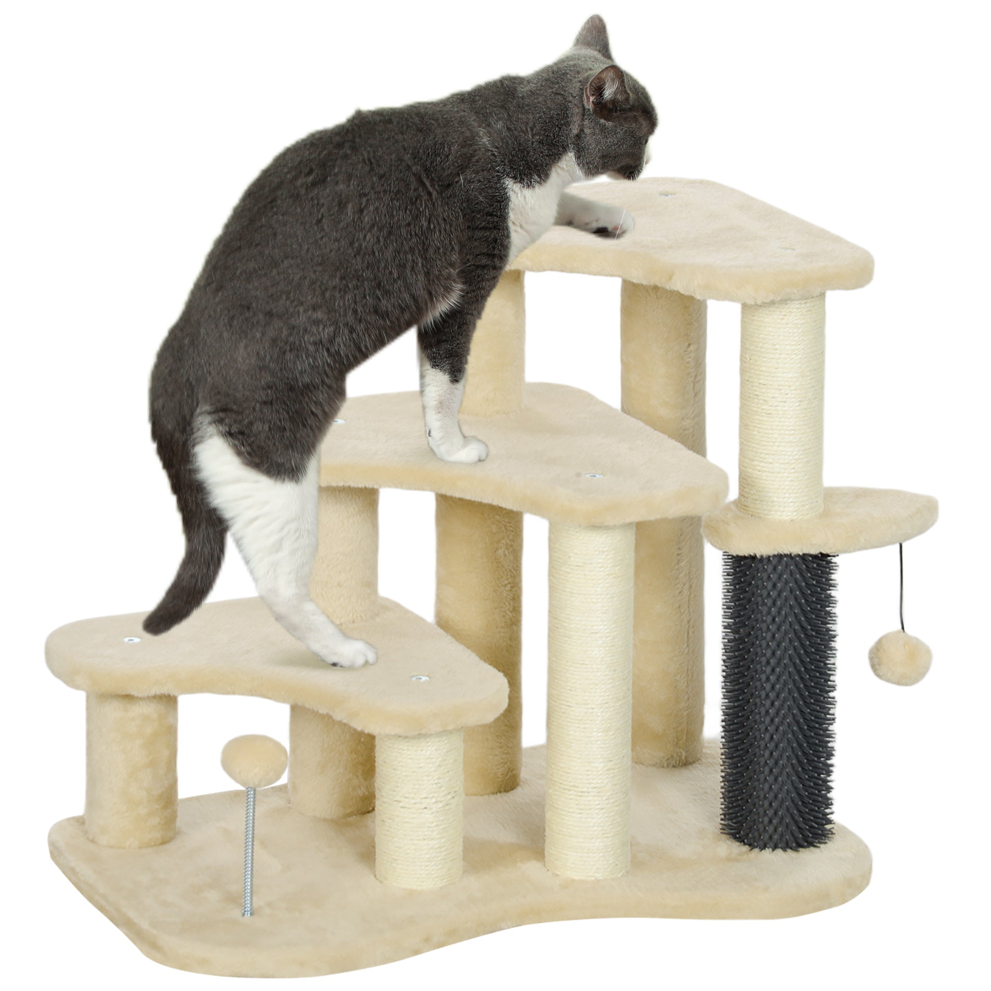PawHut 2-in-1 Cat Tree, Pet Stairs with Scratching Tickling Post, Toy Balls, for Bed, Sofa, Couch, Beige - North Peak Garden Furniture