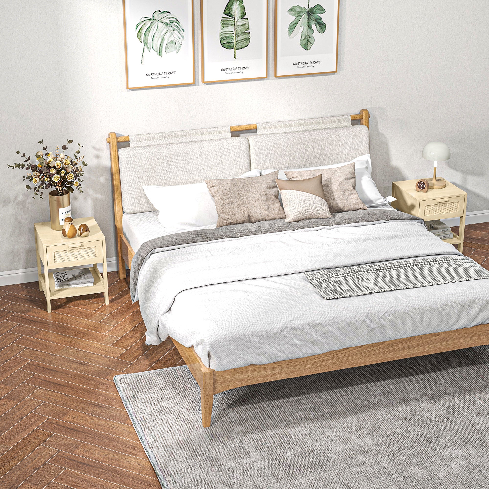 HOMCOM Bedside Table, Nightstand with Rattan Drawer and Storage Open Shelf, Farmhouse Side Table for Bedroom, Living Room, Set of 2 - North Peak Garden Furniture