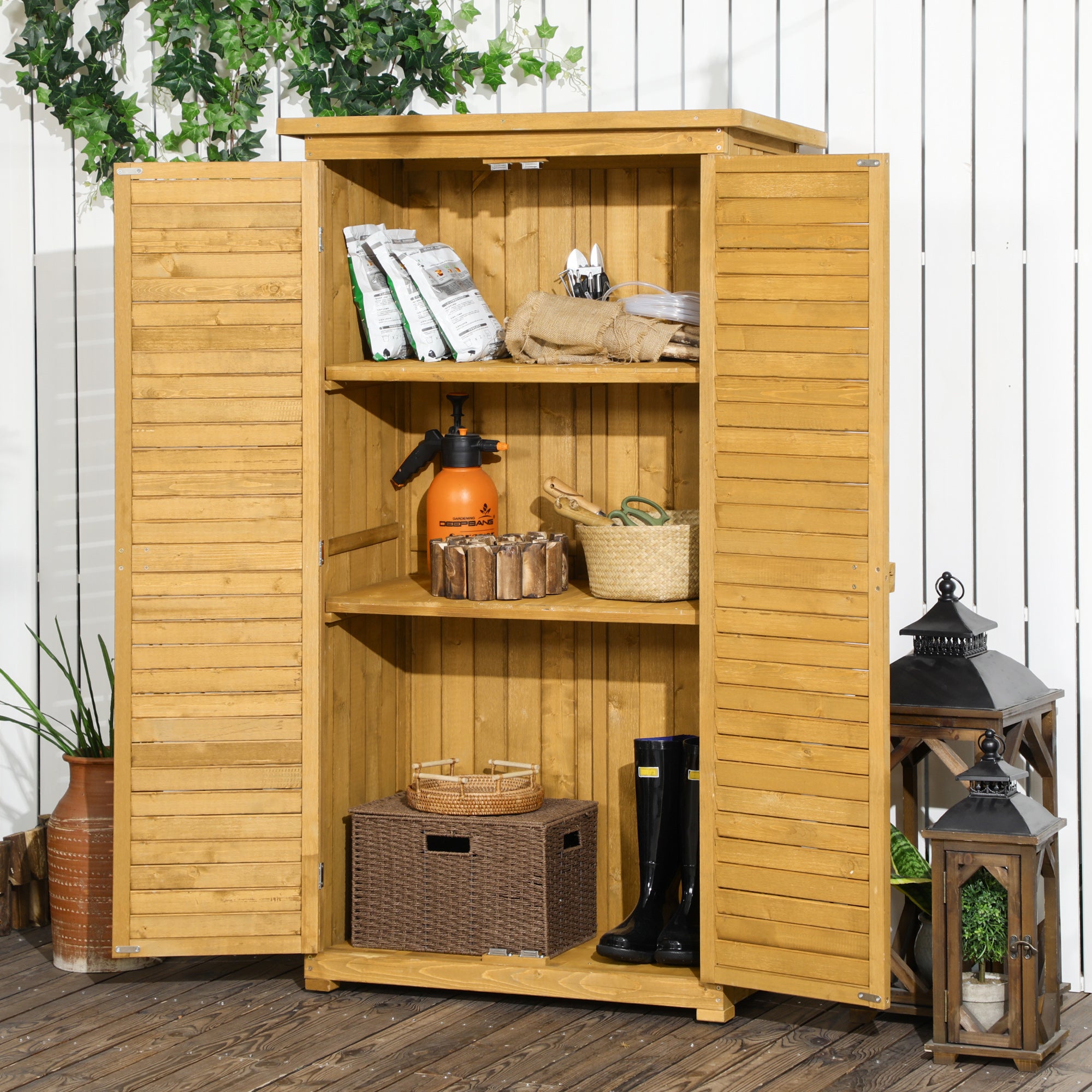 Outsunny Wooden Garden Storage Shed, Compact Utility Sentry Unit, 3-Tier Shelves Tool Cabinet Organizer with Asphalt Roof and Shutter Design, 87cm x 47cm x 160cm - North Peak Garden Furniture