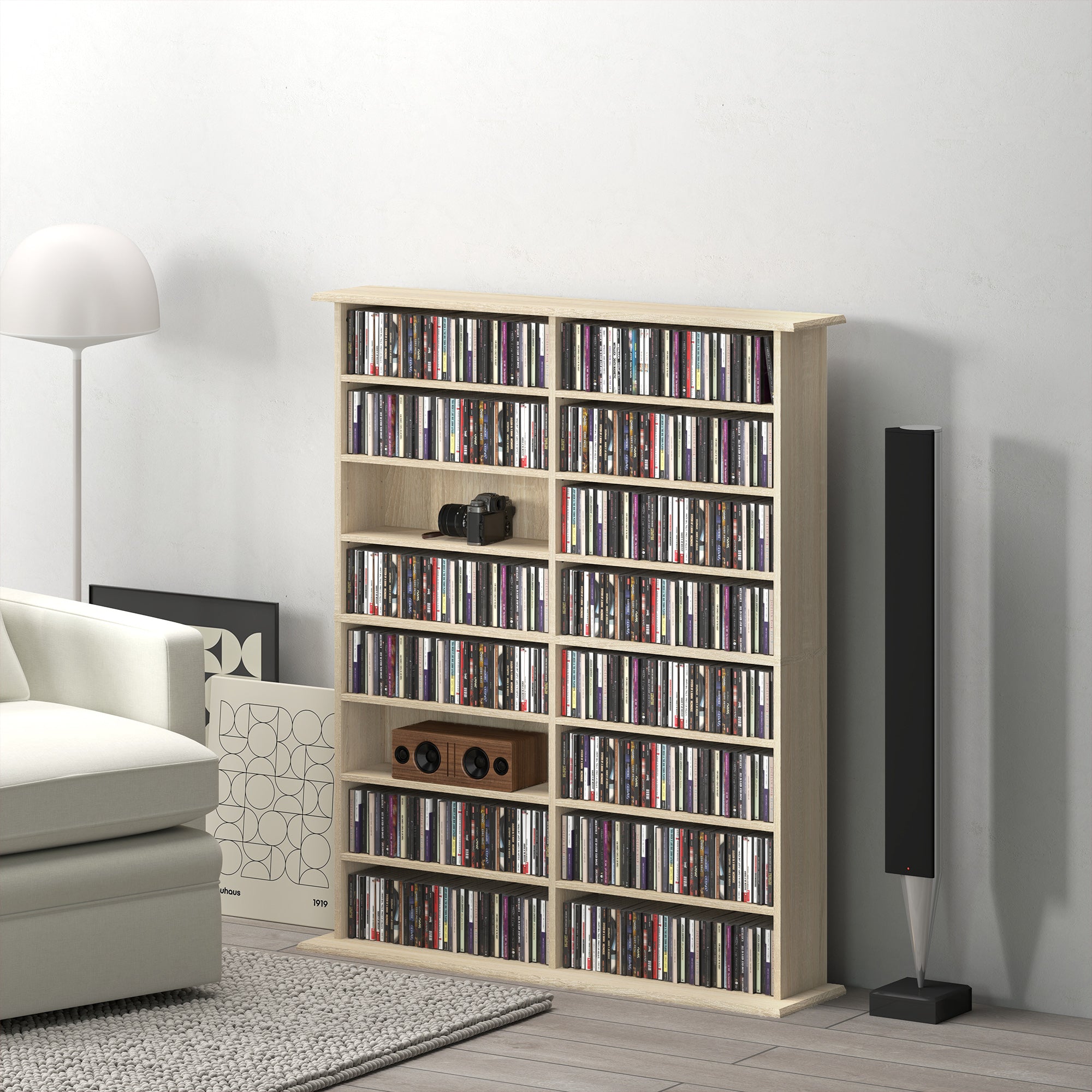HOMCOM 16-Compartment Media Shelf - Nature Wood Finish - North Peak Garden Furniture