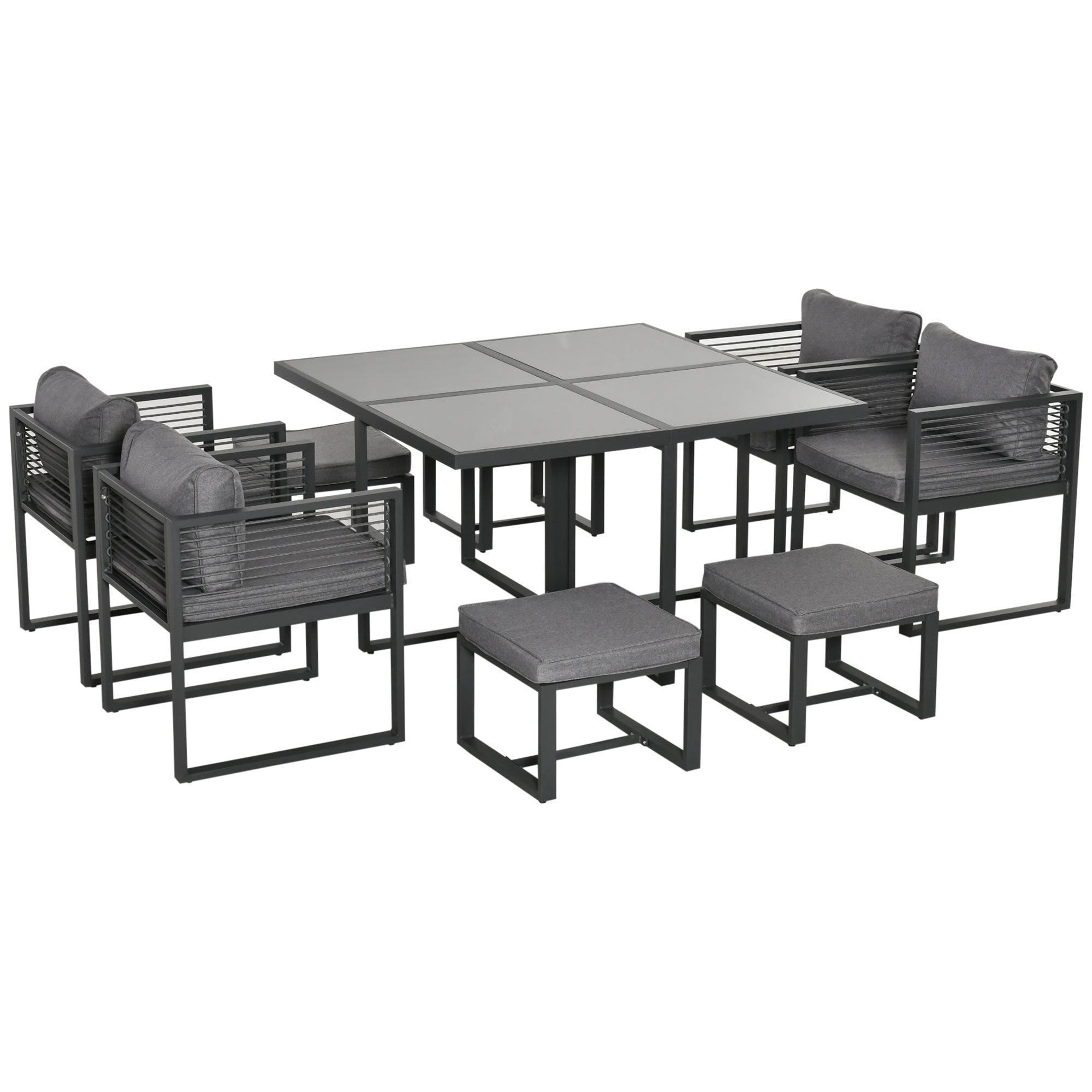Outsunny Nine-Piece Aluminium Garden Set, with Glass-Top Table - Grey - North Peak Garden Furniture