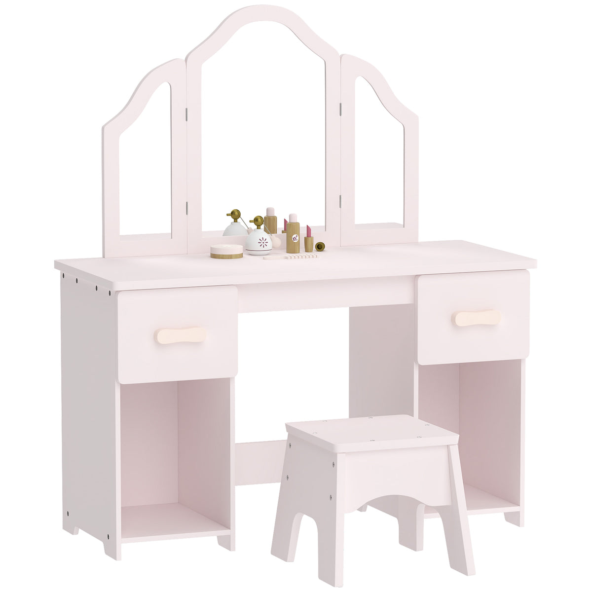 AIYAPLAY Kids Dressing Table, Kids Vanity Table and Chair Set with Tri-Folding Mirror, 2 Drawers, 2 Cabinets for Girls 3+, Pink