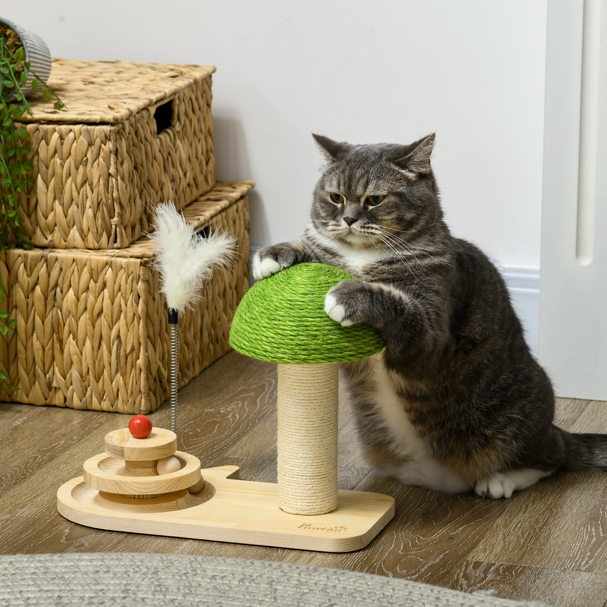 PawHut Mushroom-Shaped Cat Scratching Post, with Toy Balls, Feather for Indoor Cats, 35 x 21 x 26cm - Natural Tone - North Peak Garden Furniture
