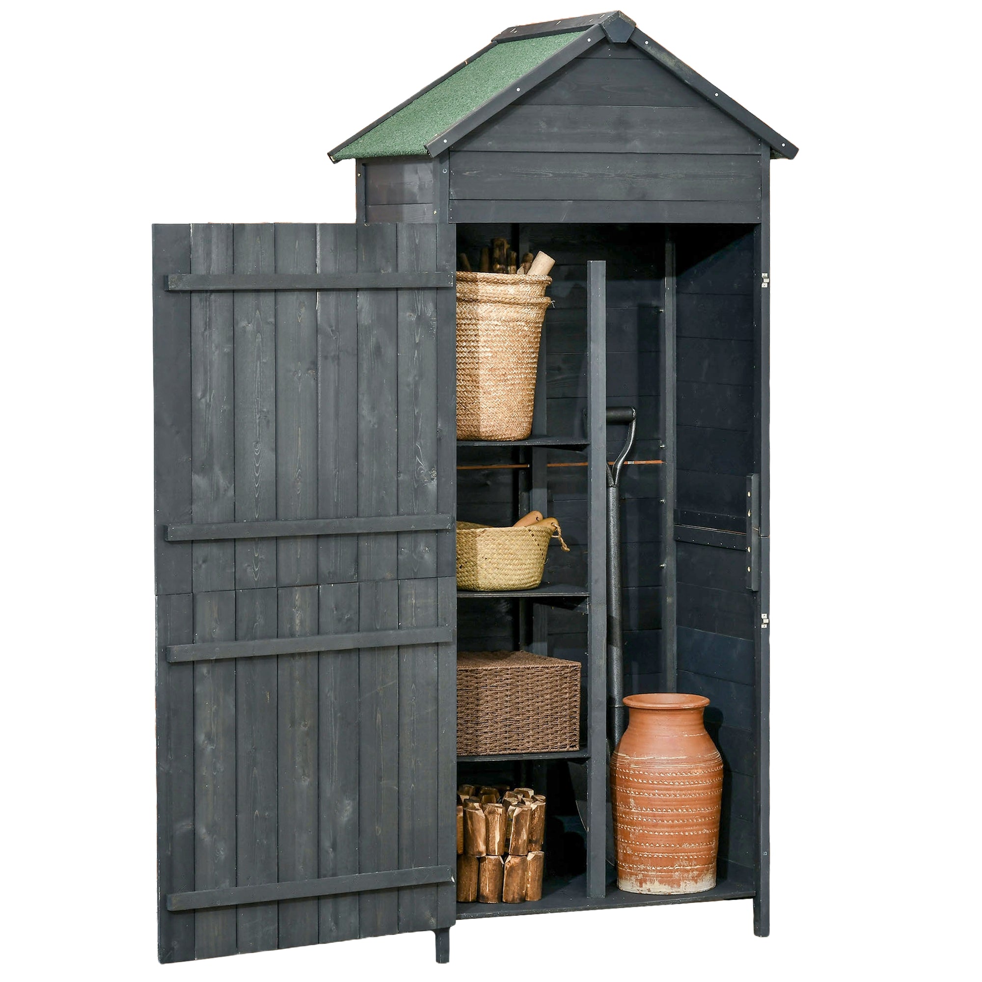 Outsunny Garden Shed 4-Tier Wooden Garden Outdoor Shed 3 Shelves Utility Gardener Cabinet Lockable 2 Doors - Grey - North Peak Garden Furniture
