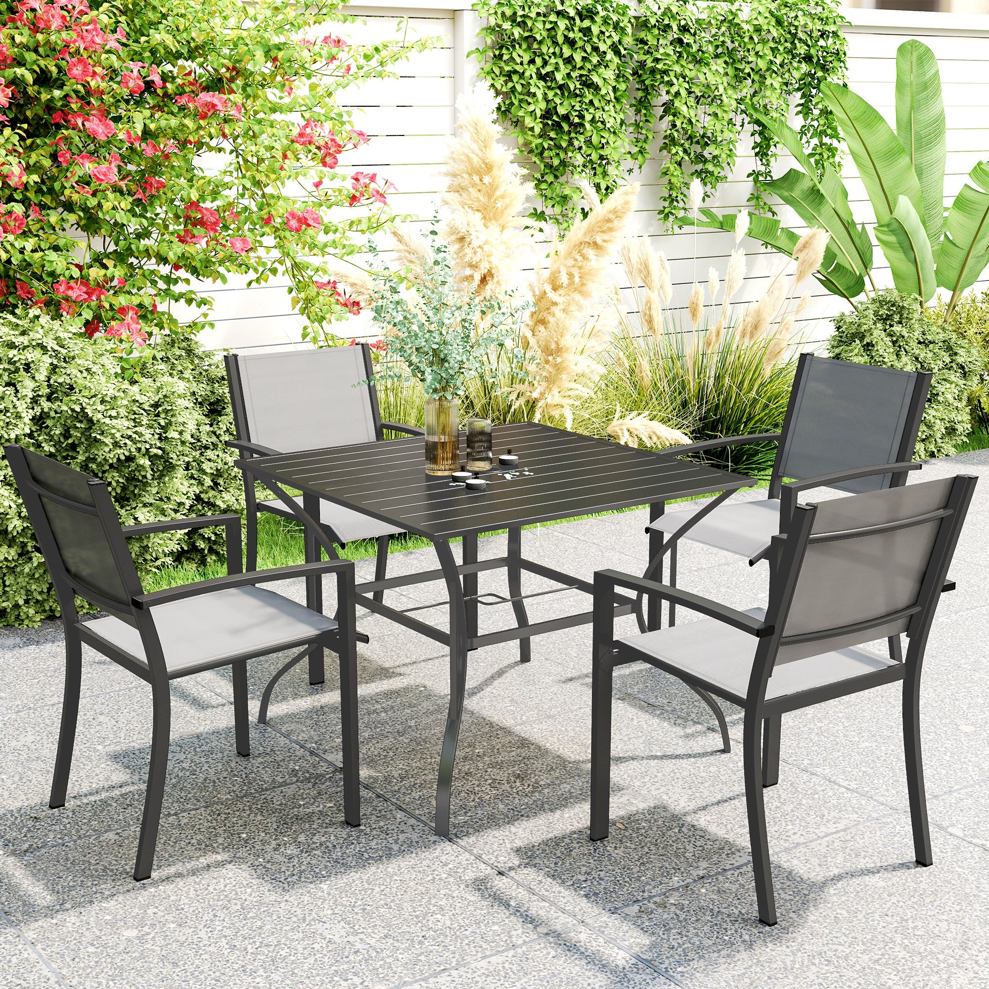 Outsunny 94 x 94 cm Garden Table with Parasol Hole, Outdoor Dining Garden Table for Four with Slatted Metal Plate Top, Dark Grey - North Peak Garden Furniture