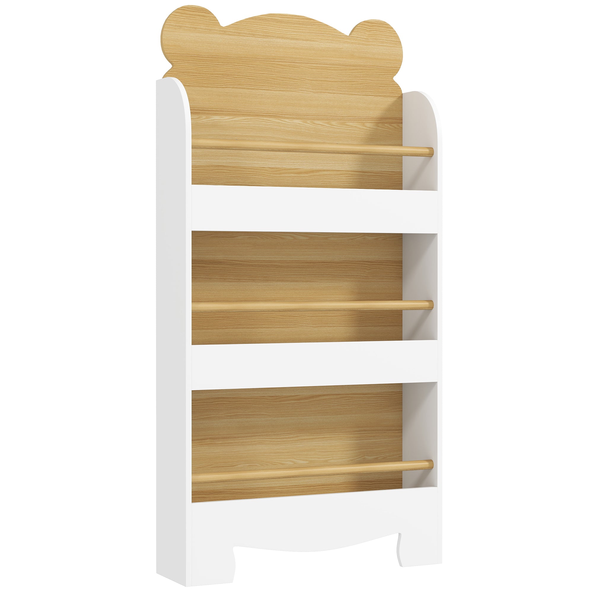 AIYAPLAY Kids Bookshelf, 3 Tier Children Bookcase, Bear Theme Toddler Space-Saving Bookcase for Living Room, White