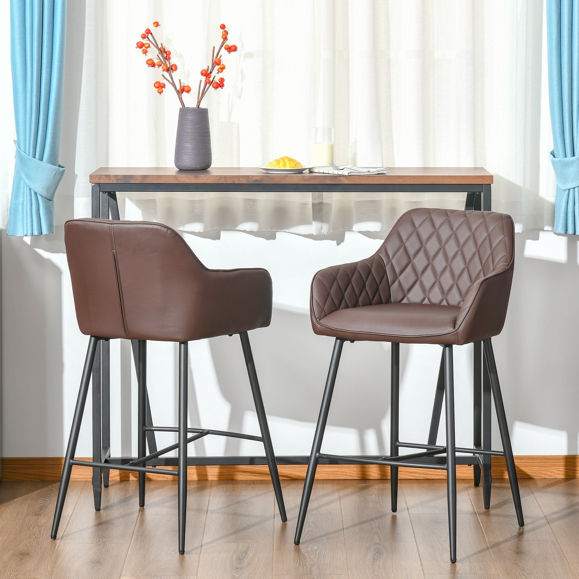 HOMCOM Set of 2 Bar stools Retro PU Leather Bar Chairs w/ Footrest Metal Frame Comfort Support Stylish Dining Seating Home Brown - North Peak Garden Furniture