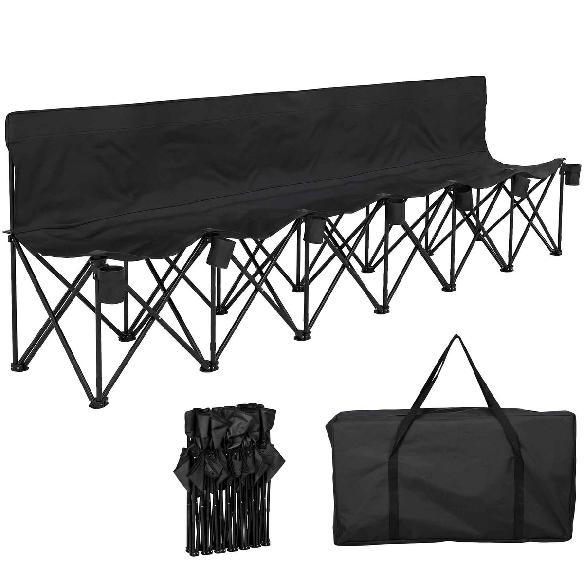 Outsunny 6 Seater Folding Bench, Outdoor Camping Chair Portable Sports Spectator Chair with Steel Frame, Cup Holder & Carry Bag, Black