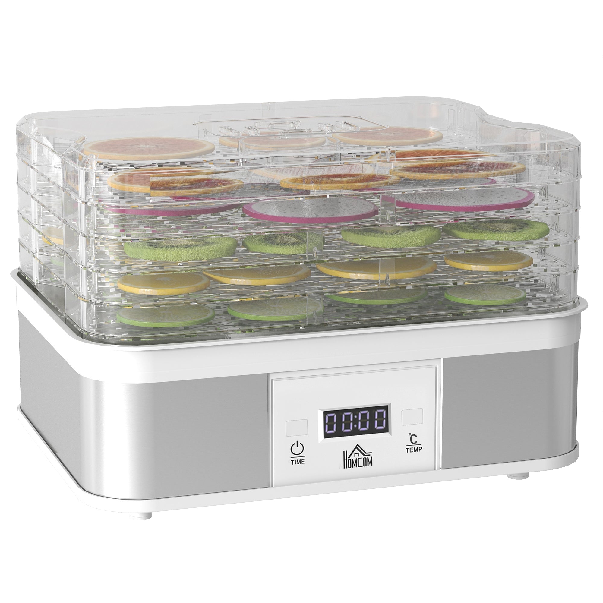 HOMCOM 5 Tier Food Dehydrator, 245W Stainless Steel Food Dryer Machine with Adjustable Temperature, Timer and LCD Display for Drying Fruit, Meat, Vegetable, Jerky and Pet Treat, White - North Peak Garden Furniture