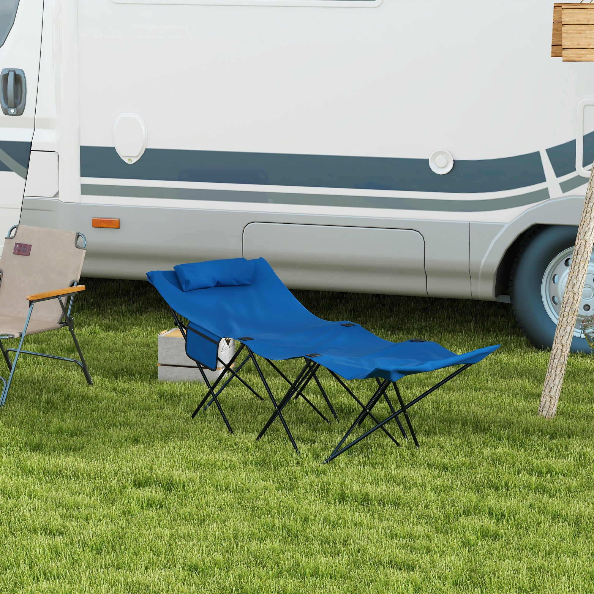 Outsunny Foldable Sun Lounger, Outdoor Tanning Sun Lounger Chair with Side Pocket, Headrest, Oxford Seat, for Beach, Yard, Patio, Dark Blue - North Peak Garden Furniture