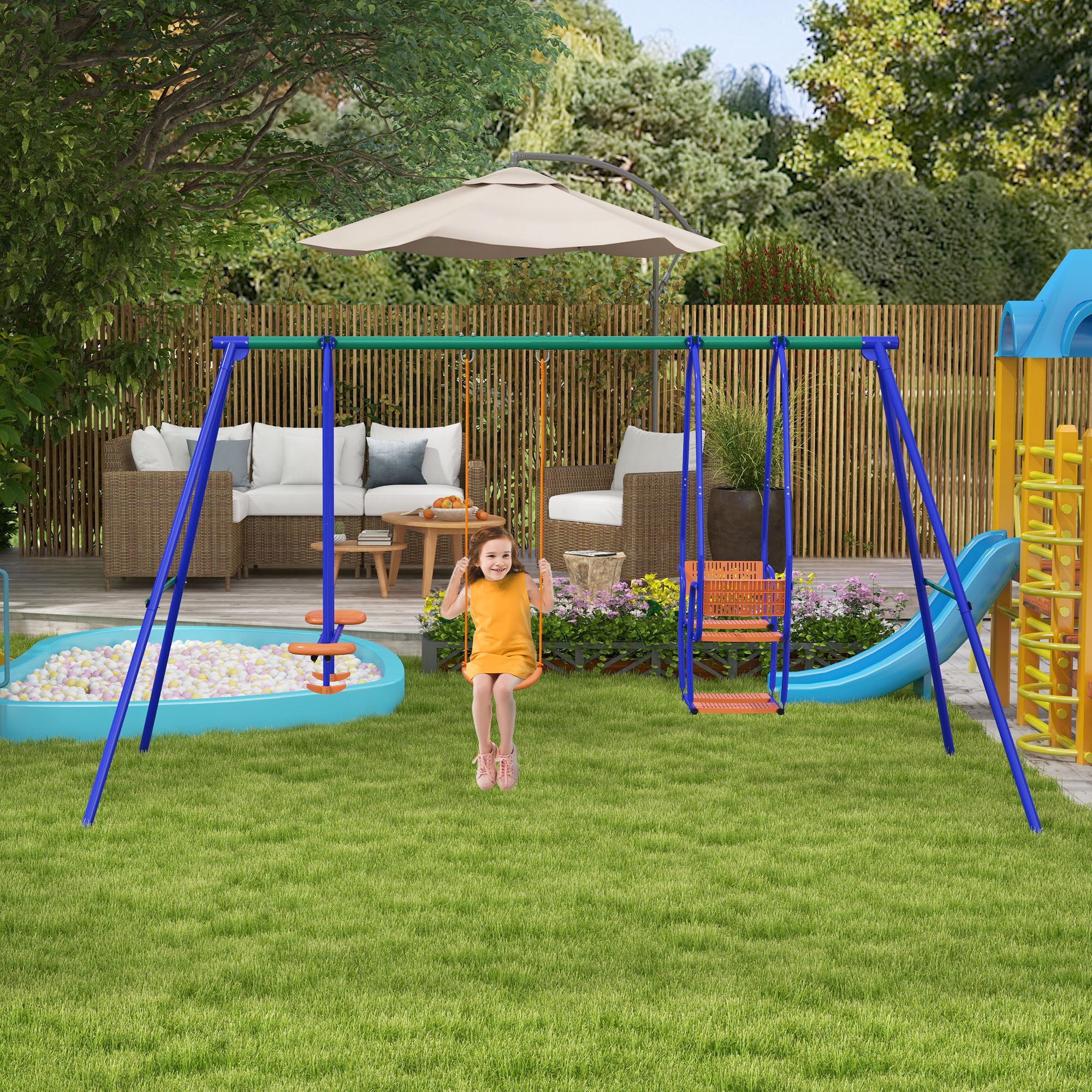 Outsunny Three-In-One Kids Metal Swing Set with Swing, Glider, Rocking Chair Swing, for Ages 3+ years - Orange and Blue - North Peak Garden Furniture
