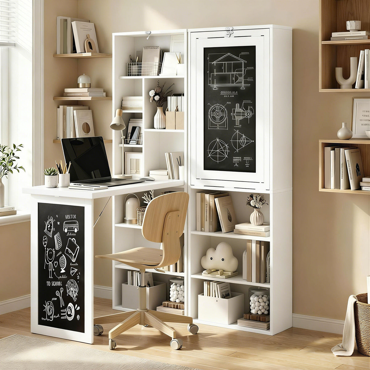 HOMCOM Fold-out Convertible Writing Desk Wall Mount Cabinet with Blackboard and Side Shelf Multi-Function Home Office Workstation, White