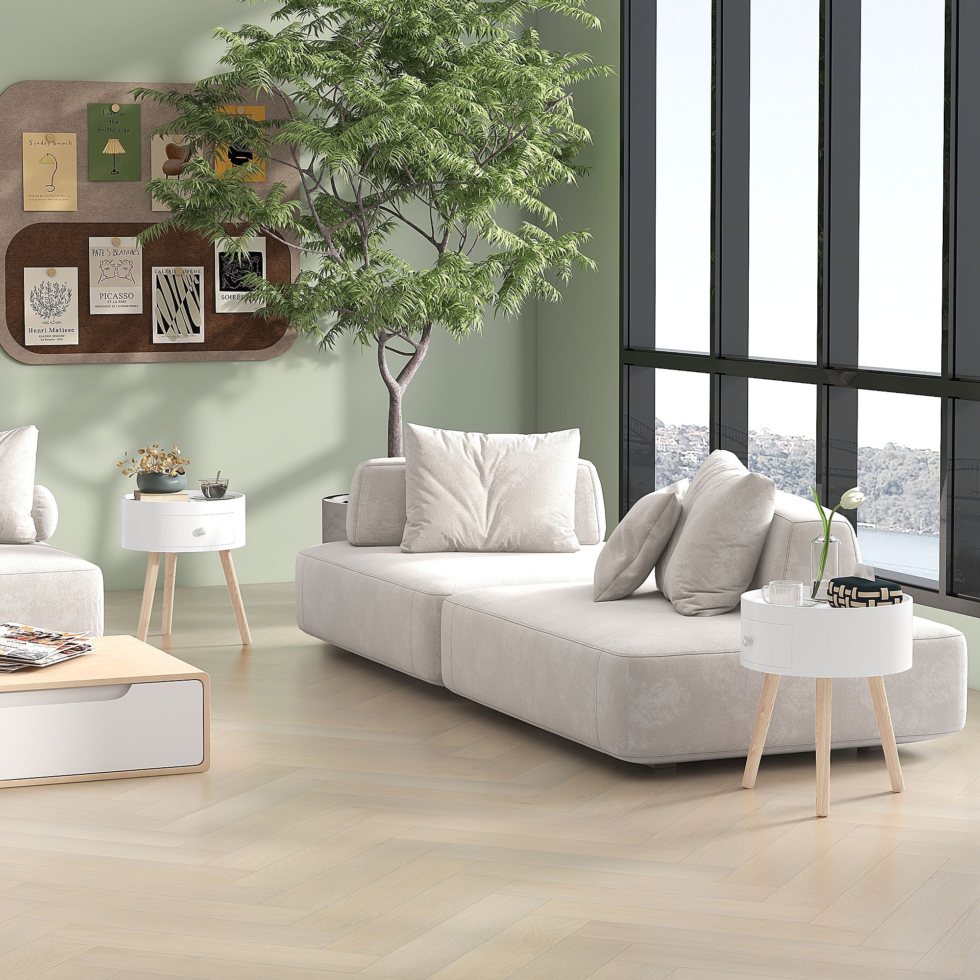 HOMCOM Modern Side Table, Small Coffee Table, Round Bedside Table with Drawer and Wood Legs for Living Room, Bedroom, Set of 2, White - North Peak Garden Furniture