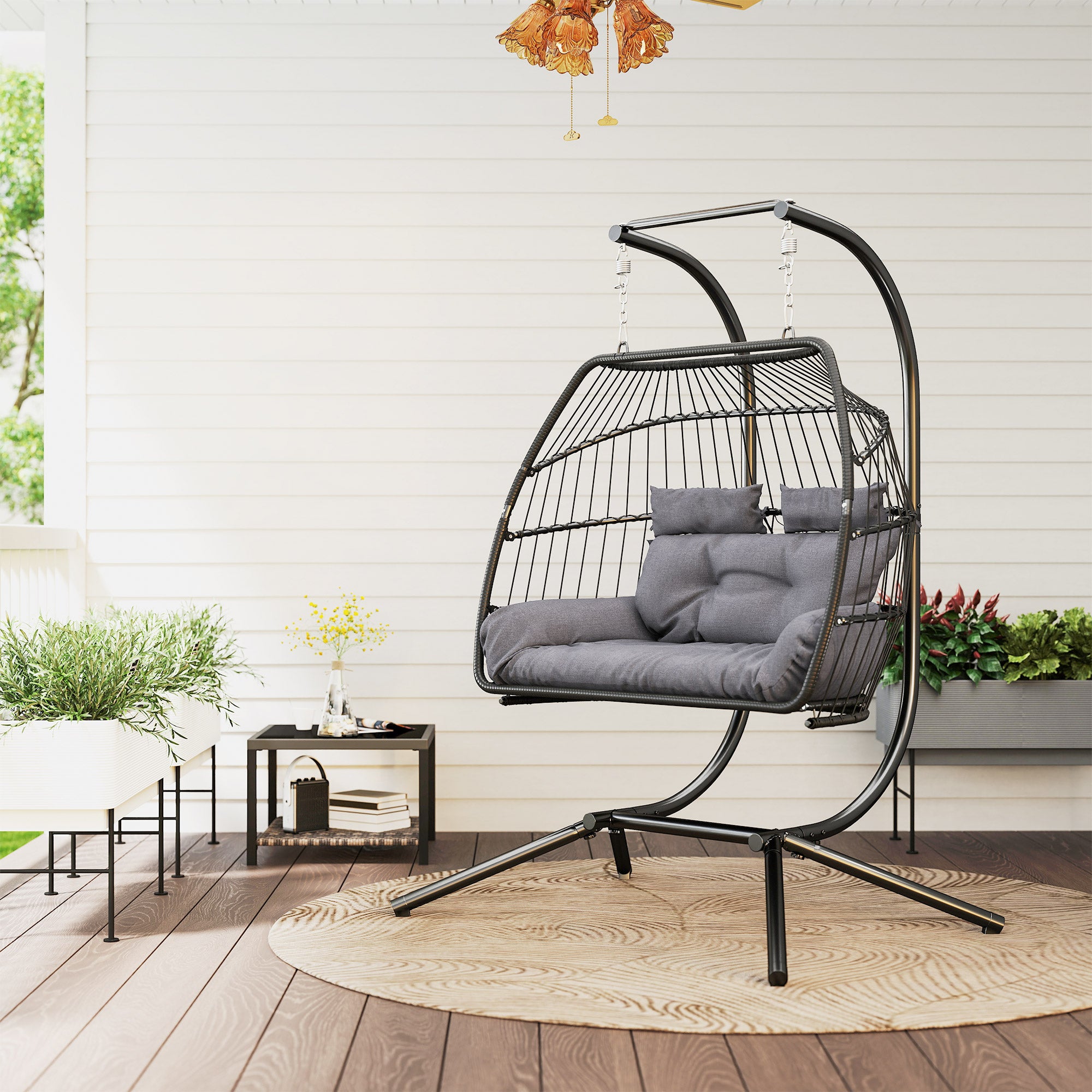 Outsunny Rattan Double Hanging Egg Chair with Stand, Foldable Wicker Swing Egg Chair with Cushion, Head Pillows, Steel Frame, Hammock Chair for Indoor Outdoor, Capacity 260 kg, Dark Grey - North Peak Garden Furniture