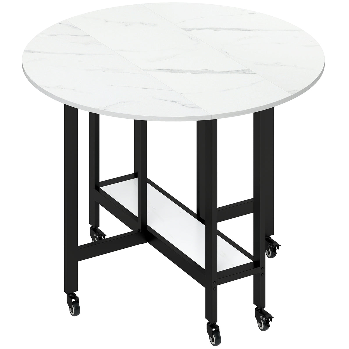 HOMCOM Folding Dining Table, Drop Leaf Table with Open Shelf, Rolling Kitchen Table for Dining Room, Small Spaces, White Marble
