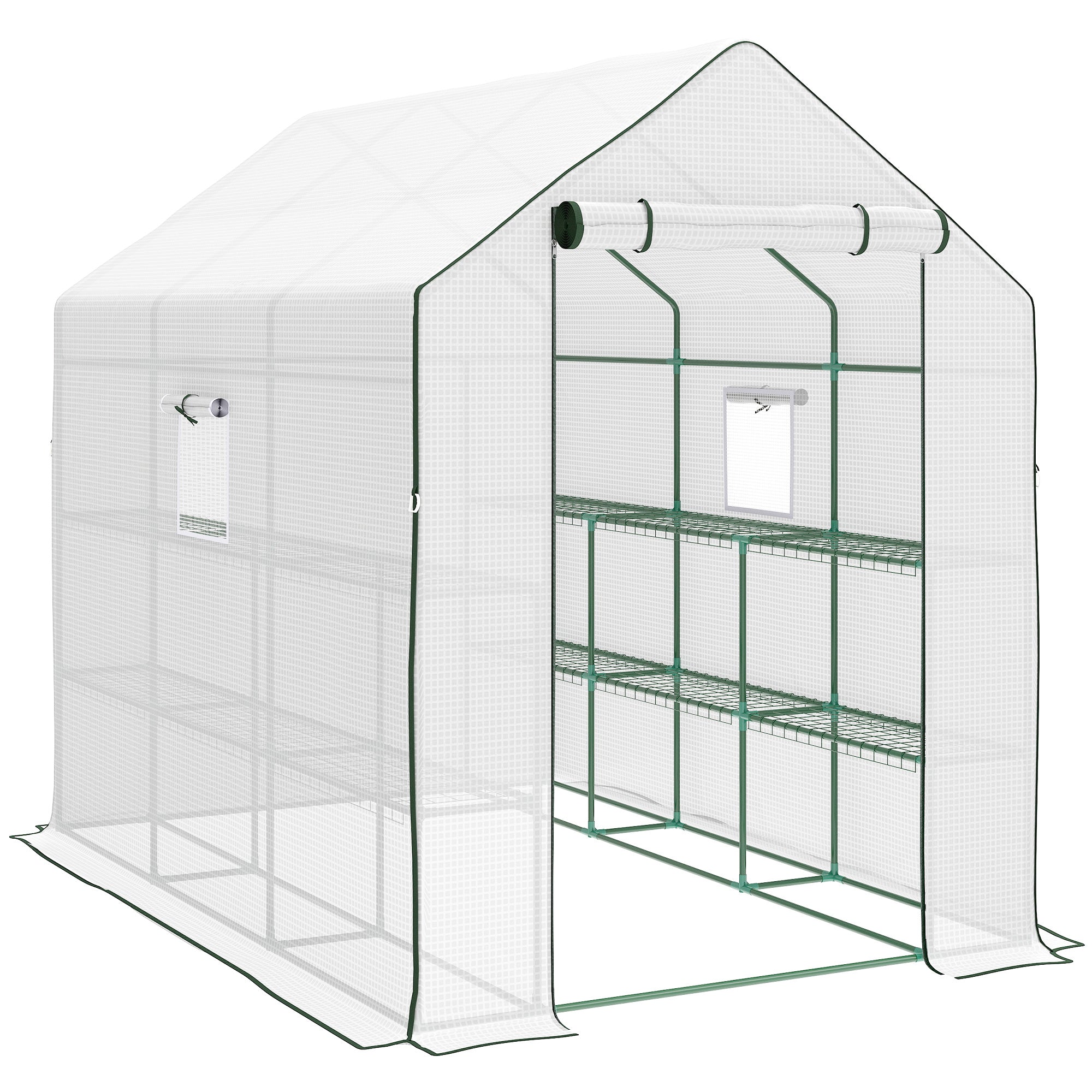 Outsunny Walk-in Greenhouse with 3 Tier Shelves, Outdoor Green House Garden Grow House with Reinforced PE Cover, Roll-up Door and Mesh Windows, 140 x 213 x 190cm, White