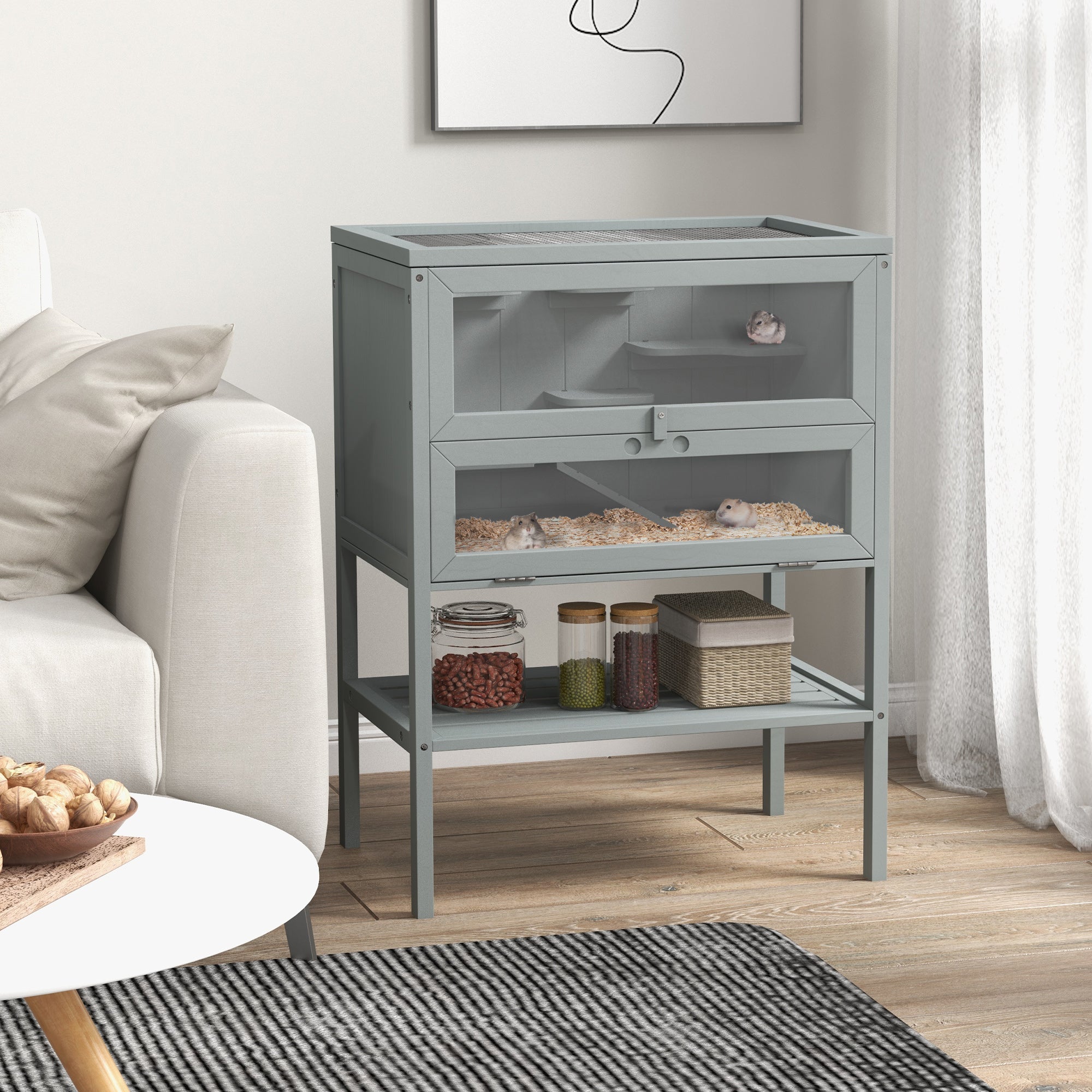 PawHut Wooden Hamster Cage 3 Tier House w/ Storage Shelf, Openable Top for Gerbils, Grey - North Peak Garden Furniture