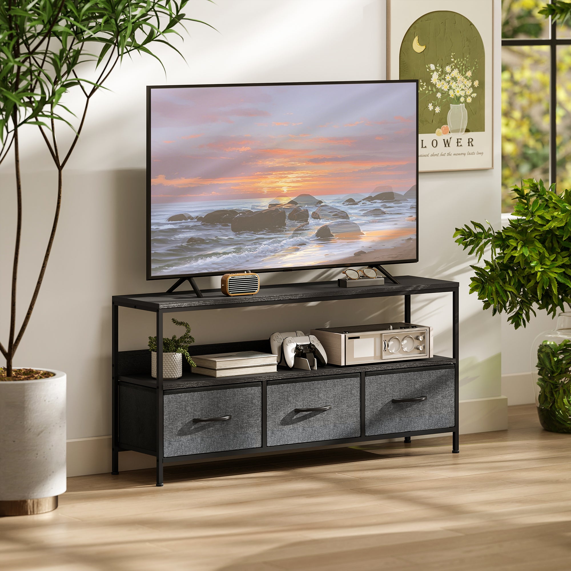 HOMCOM TV Stand Cabinet with 3 Foldable Drawers - Black - North Peak Garden Furniture