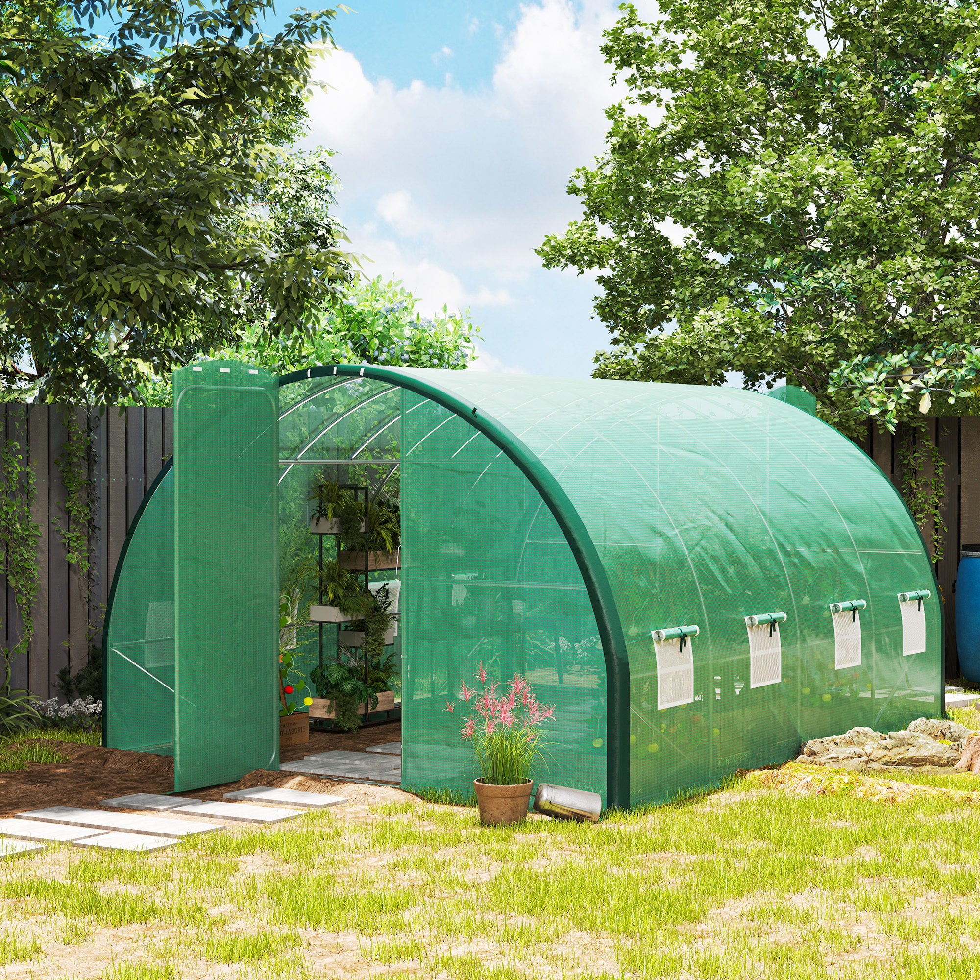 Outsunny 4 x 3(m) Polytunnel Greenhouse, with Windows and Doors - Green - North Peak Garden Furniture