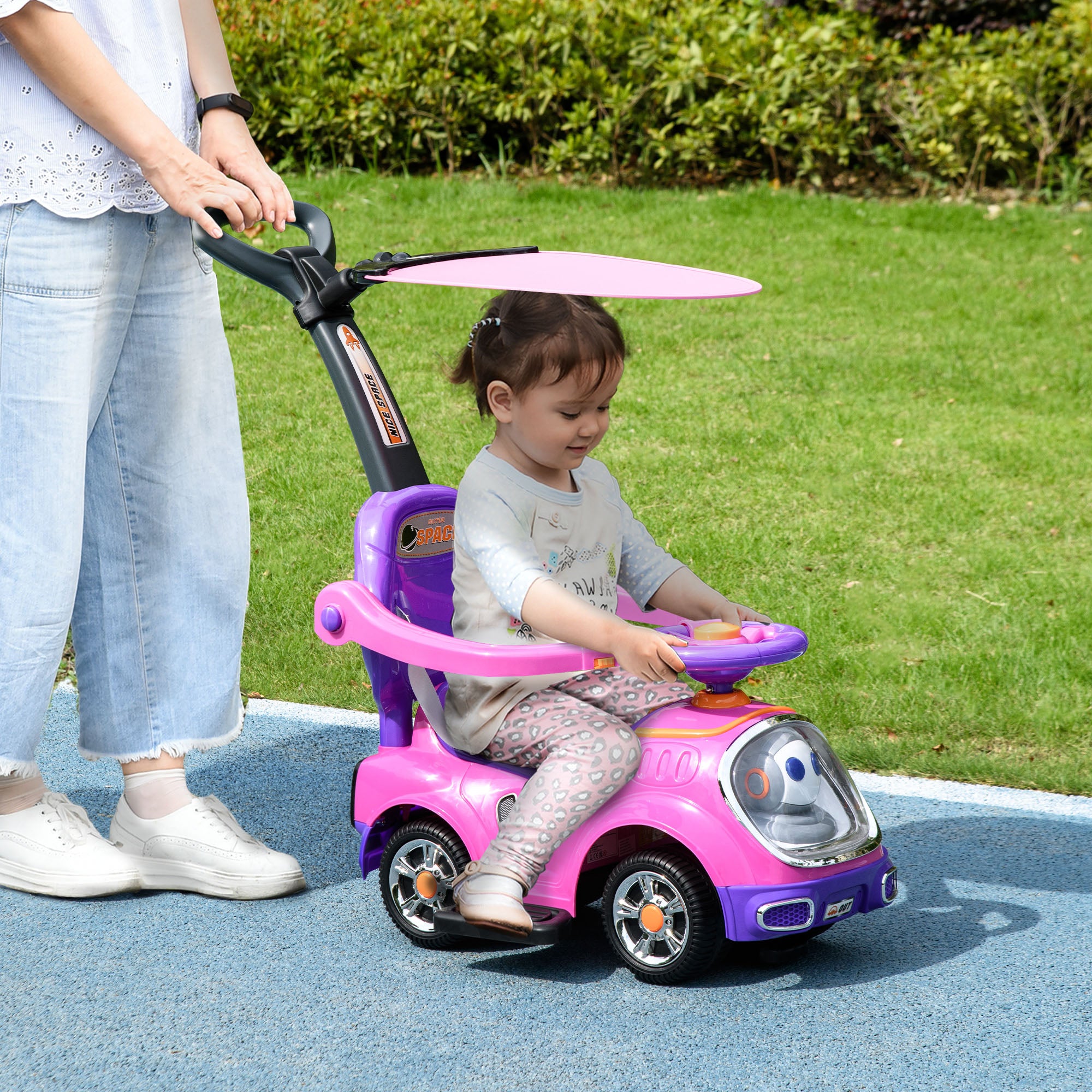 AIYAPLAY 3 in 1 Ride on Push Car, Cartoon Robot Theme Foot to Floor Slider w/ Handle Light Music Horn, Storage - Pink - North Peak Garden Furniture
