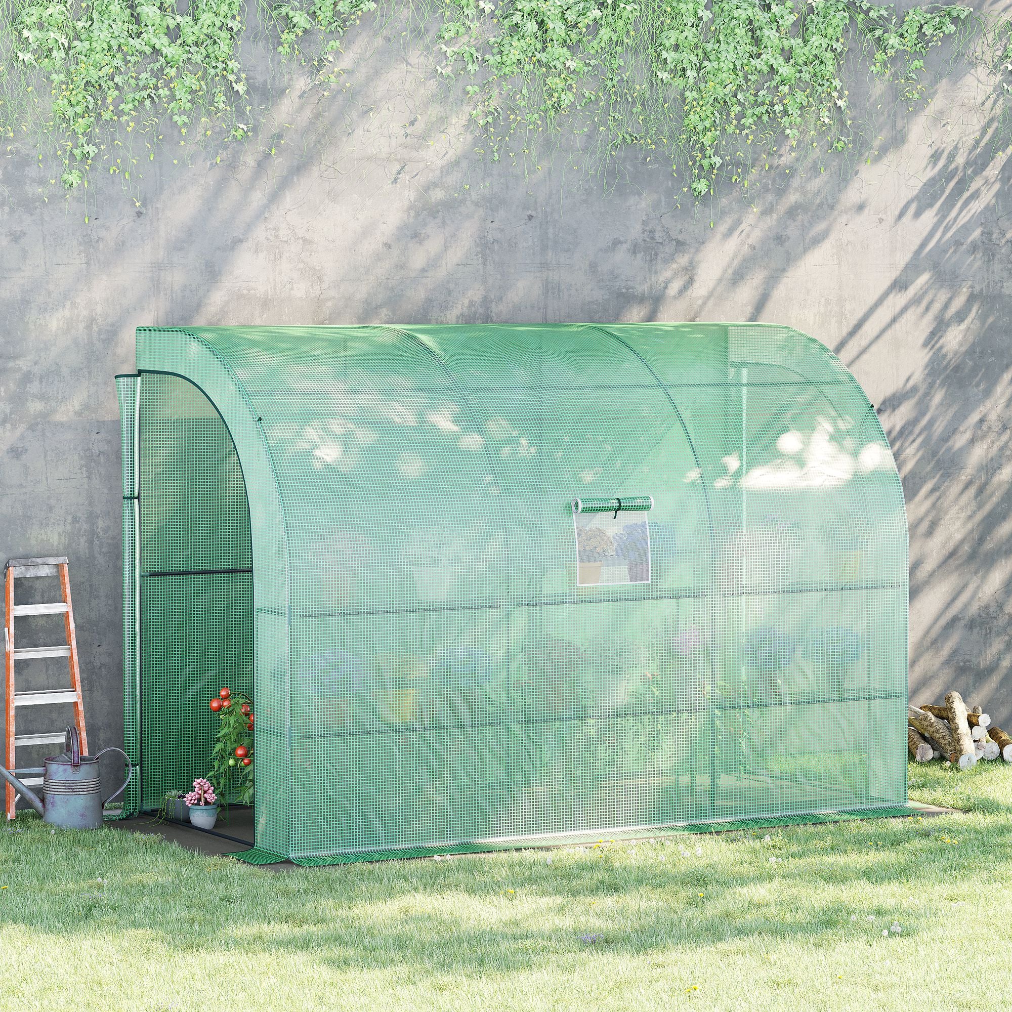 Outsunny Walk-In Lean to Greenhouse with Windows and Zippered Doors, 2 Tiers 6 Wired Shelves 300L x 150W x 213Hcm Green - North Peak Garden Furniture