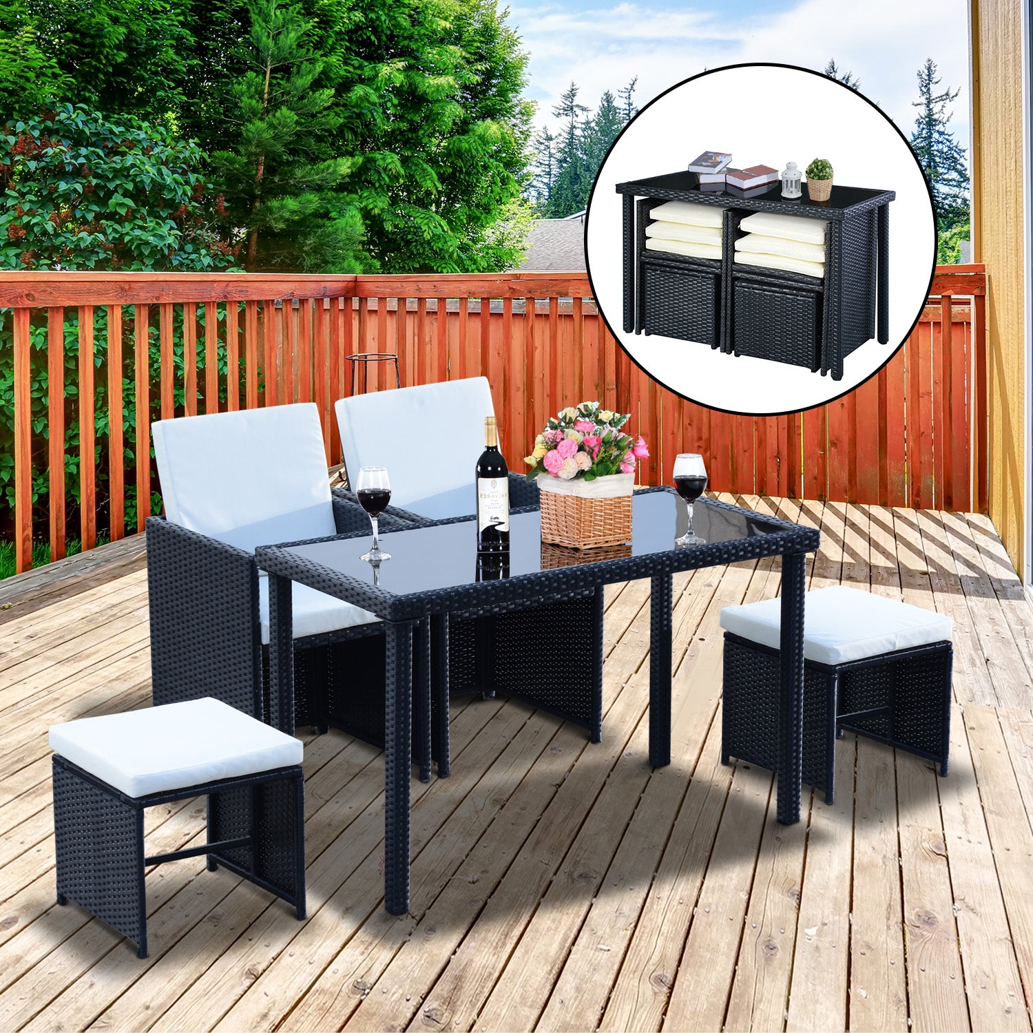 Outsunny 2 Seater Rattan Cube Garden Furniture Set, Rattan Dining Set with Cushions, Outdoor Dining Table and Chairs with 2 Armchairs, 2 Stools, Rectangular Glass Top Table for Patio, Balcony, Black - North Peak Garden Furniture