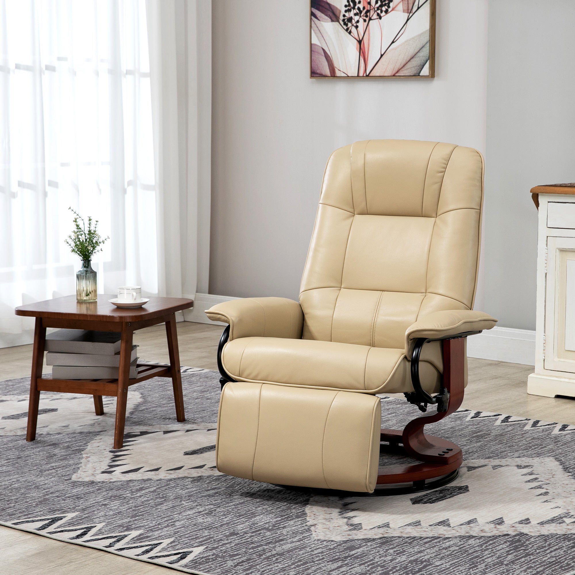 HOMCOM Faux Leather Armchair, with 145° Reclining Back and Footrest - Cream - North Peak Garden Furniture