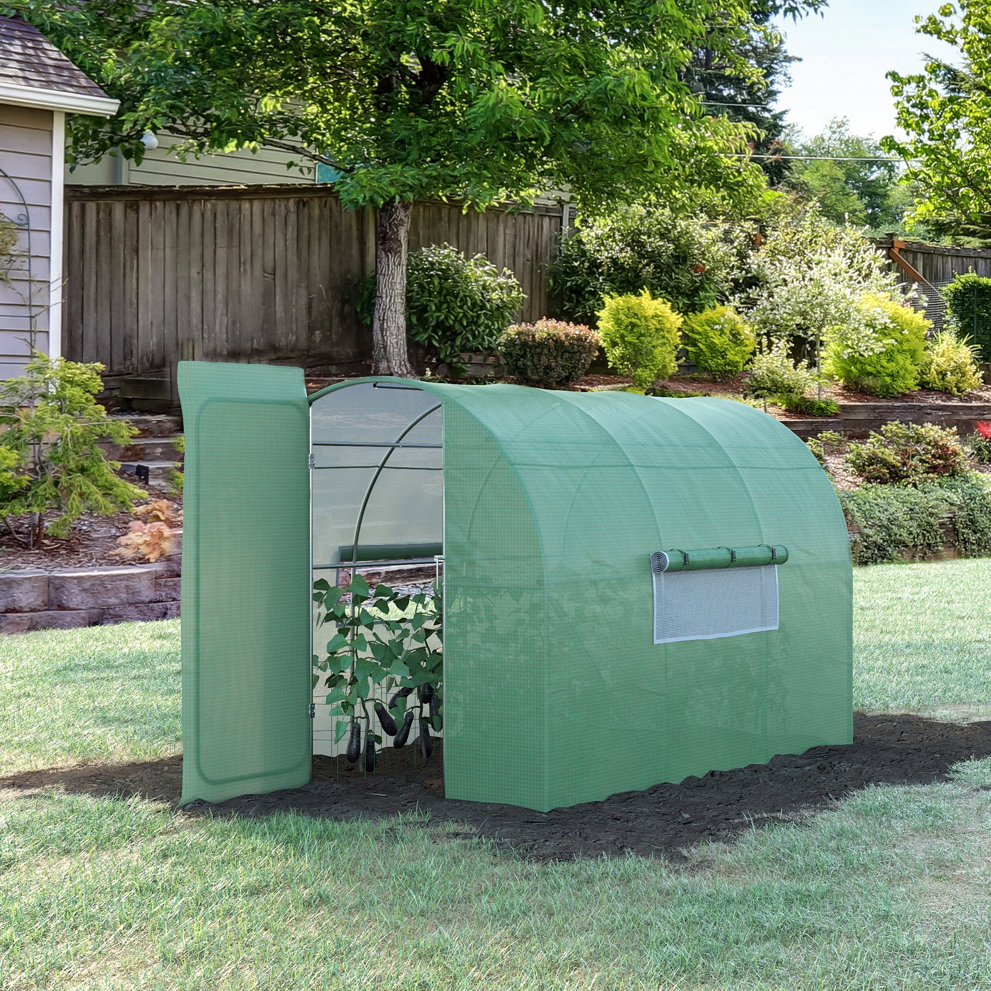 Outsunny Large Polytunnel Walk In Greenhouse, Plant Gardening Tunnel Green House with Metal Hinged Door, Galvanised Steel Frame & Mesh Windows, Green (3 x 2 m) - North Peak Garden Furniture