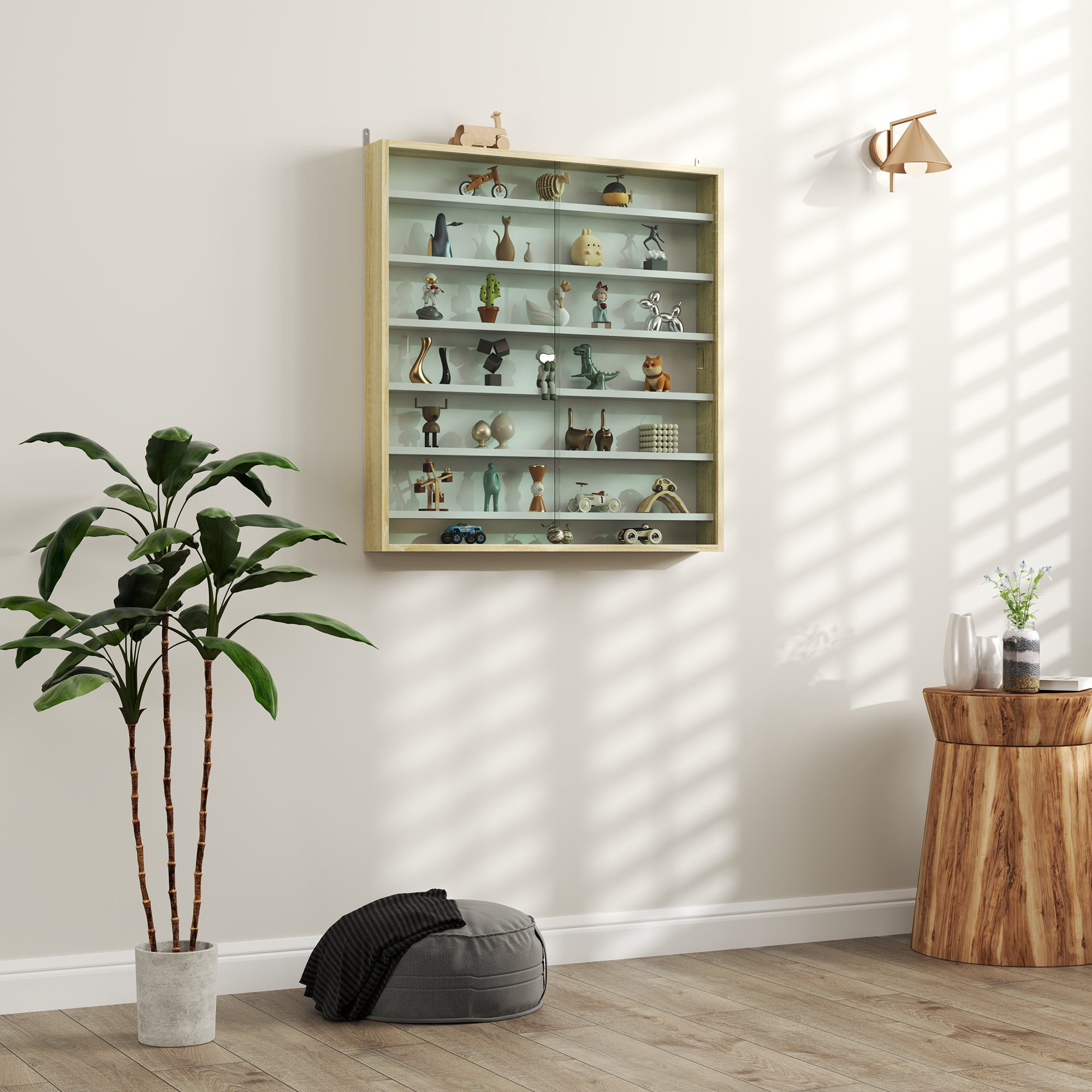 HOMCOM 7-Tier Wall Display Shelf Unit Cabinet w/ 6 Adjustable Shelves Glass Doors Home Office Ornaments 83x80cm, Oak - North Peak Garden Furniture