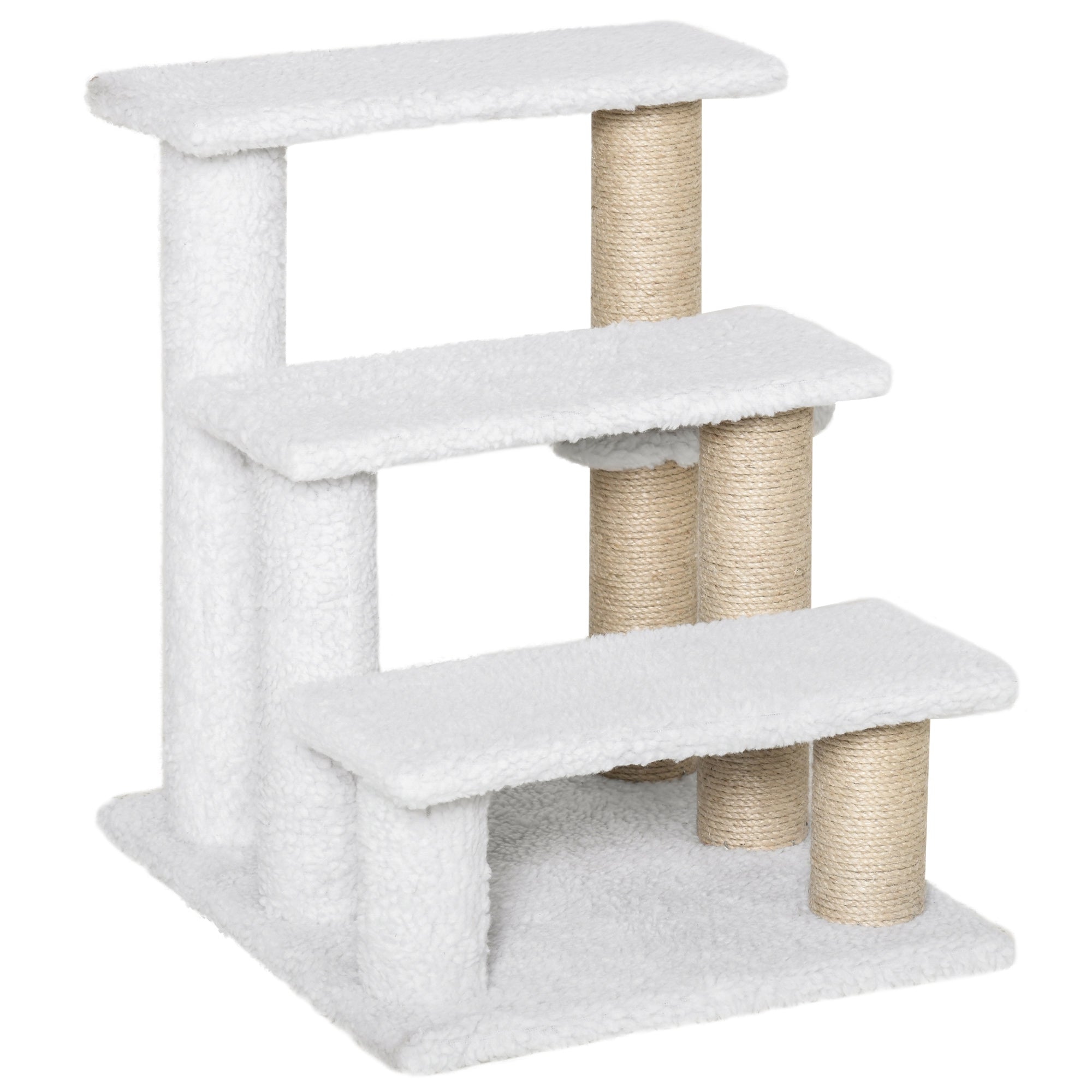 PawHut Pet Stair with 3-step Climb Ladder, Scratching Posts, Platforms, Toy Ball, for Indoor Elderly Cats Kittens, White - North Peak Garden Furniture