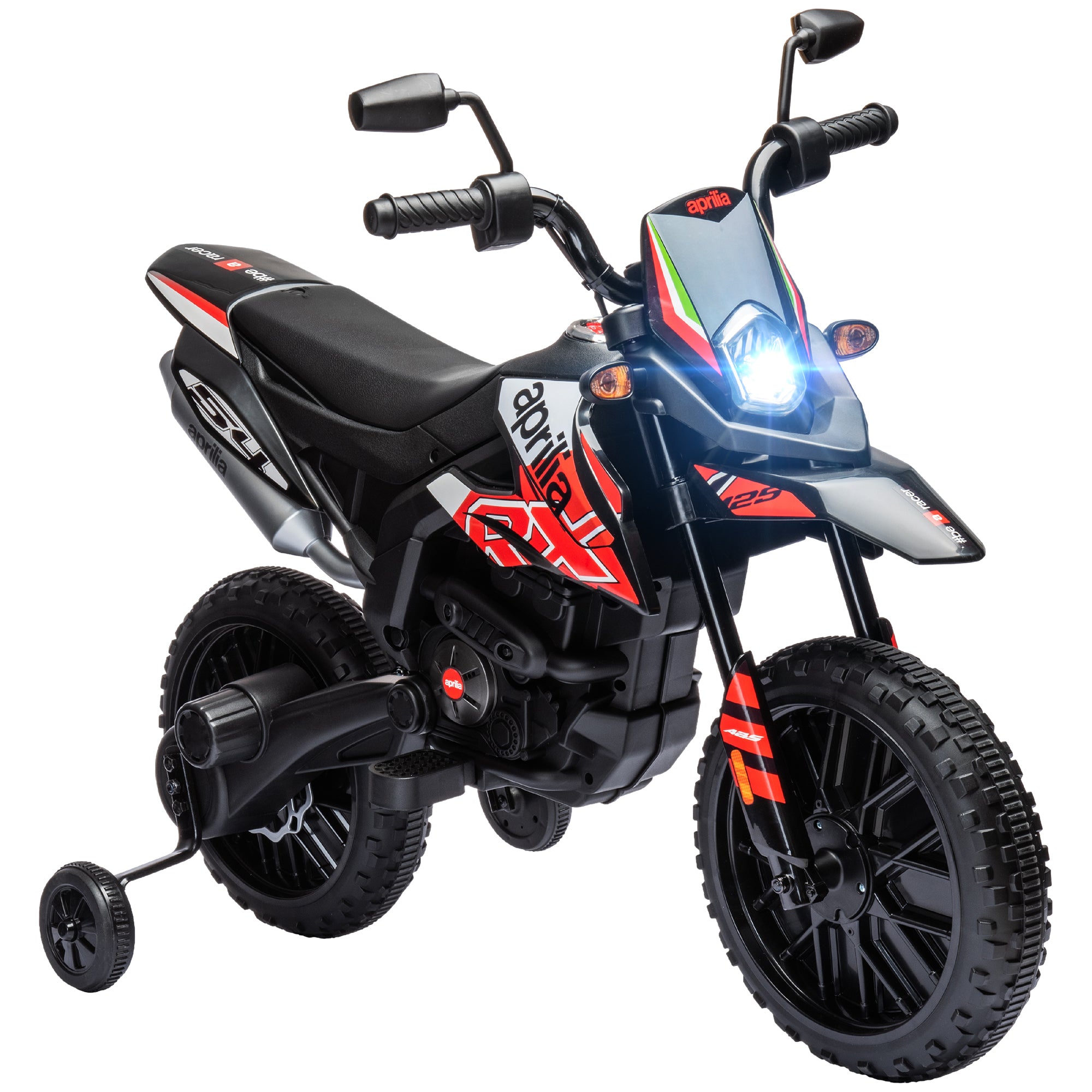 AIYAPLAY 12V Aprilia Licenced Kids Motorbike with Training Wheels, Spring Suspension, LED Light, USB, Music, Red - North Peak Garden Furniture