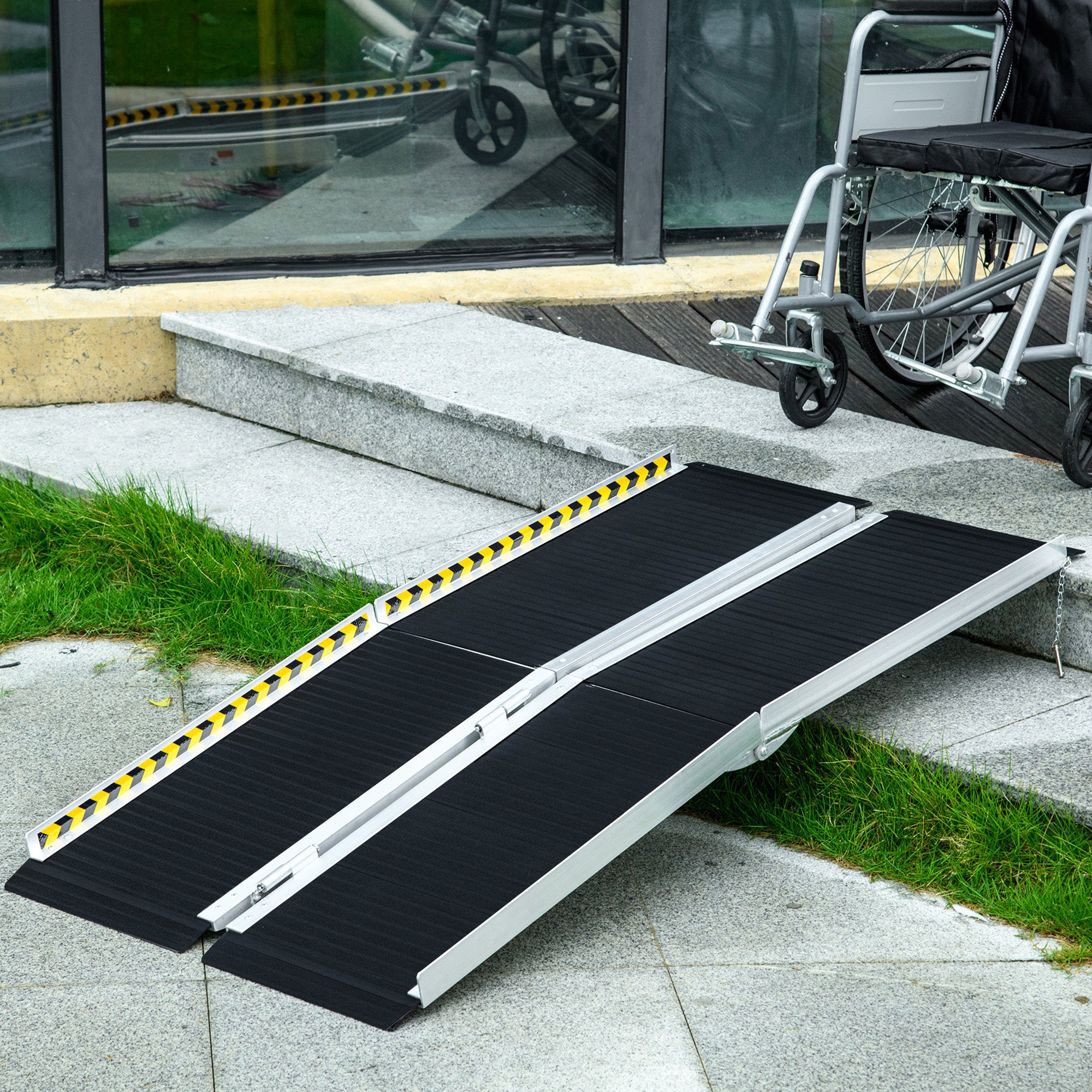 HOMCOM Wheelchair Ramp, 152L x 73Wcm, 272KG Capacity, Folding Aluminium Threshold Ramp with Non-Skid Surface, Transition Plates Above and Below for Home, Steps, Stairs, Curbs, Doorways - North Peak Garden Furniture