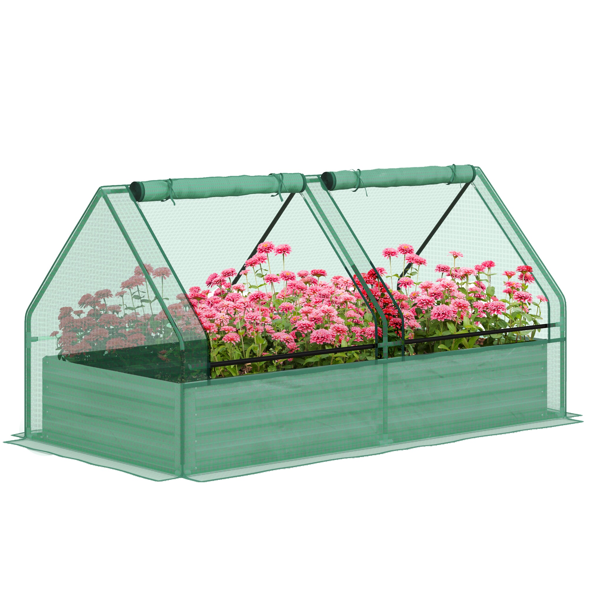 Outsunny Metal Planter Box with Cover, Raised Garden Bed with Greenhouse, for Herbs and Vegetables, Green and Dark Grey - North Peak Garden Furniture