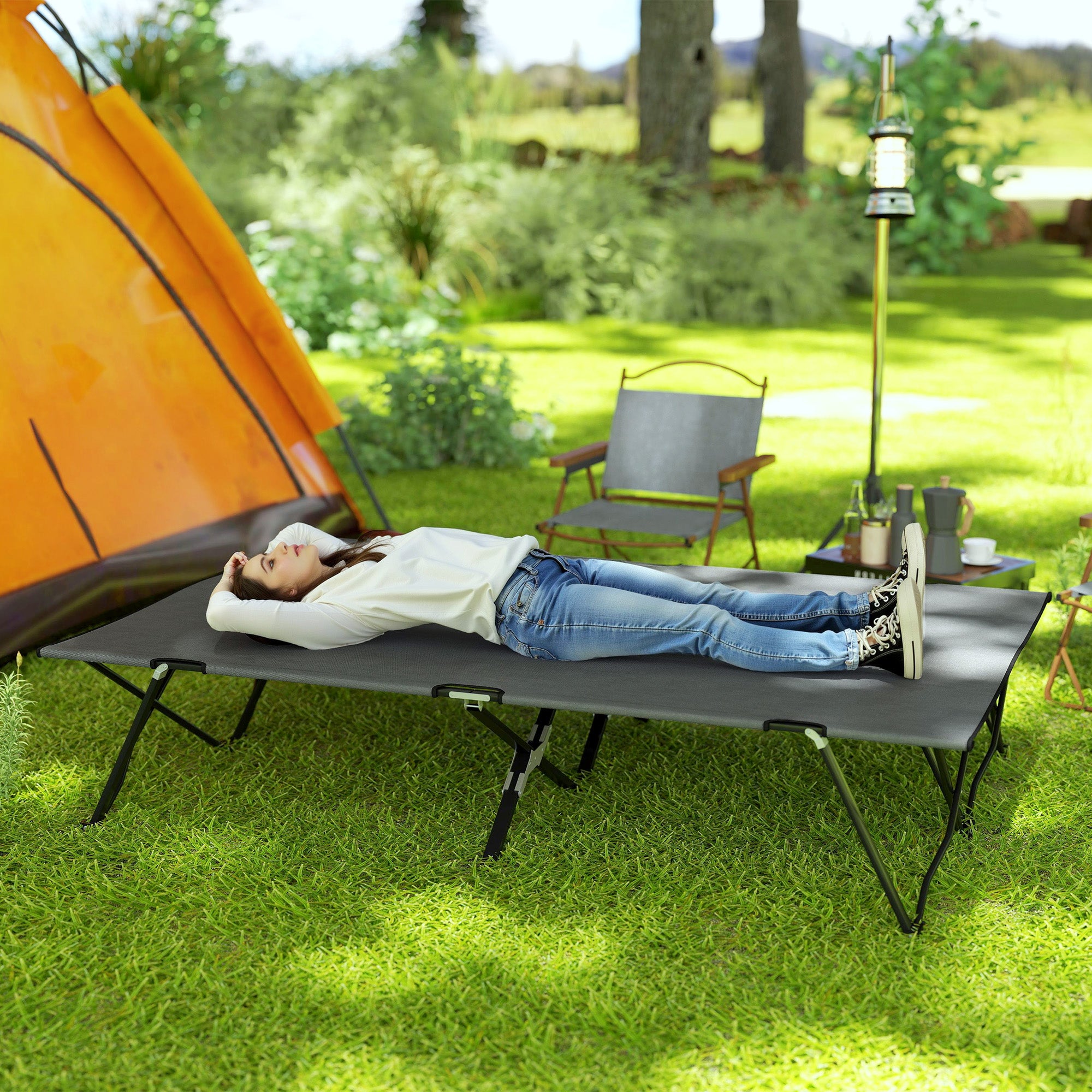 Outsunny Double Camping Cot Bed, with Bag - Charcoal Grey