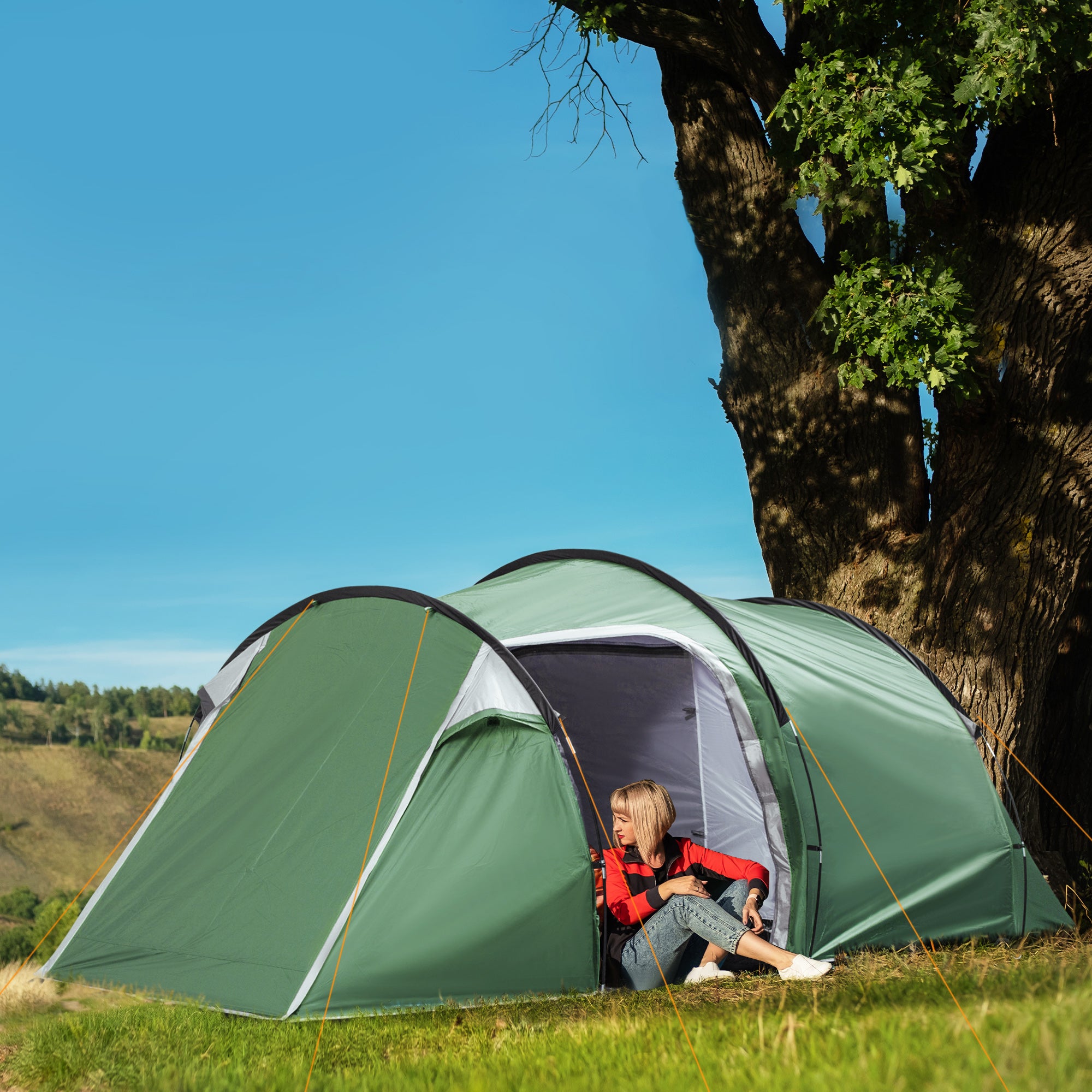 Outsunny Three-Man, Two-Room Tent - Green - North Peak Garden Furniture