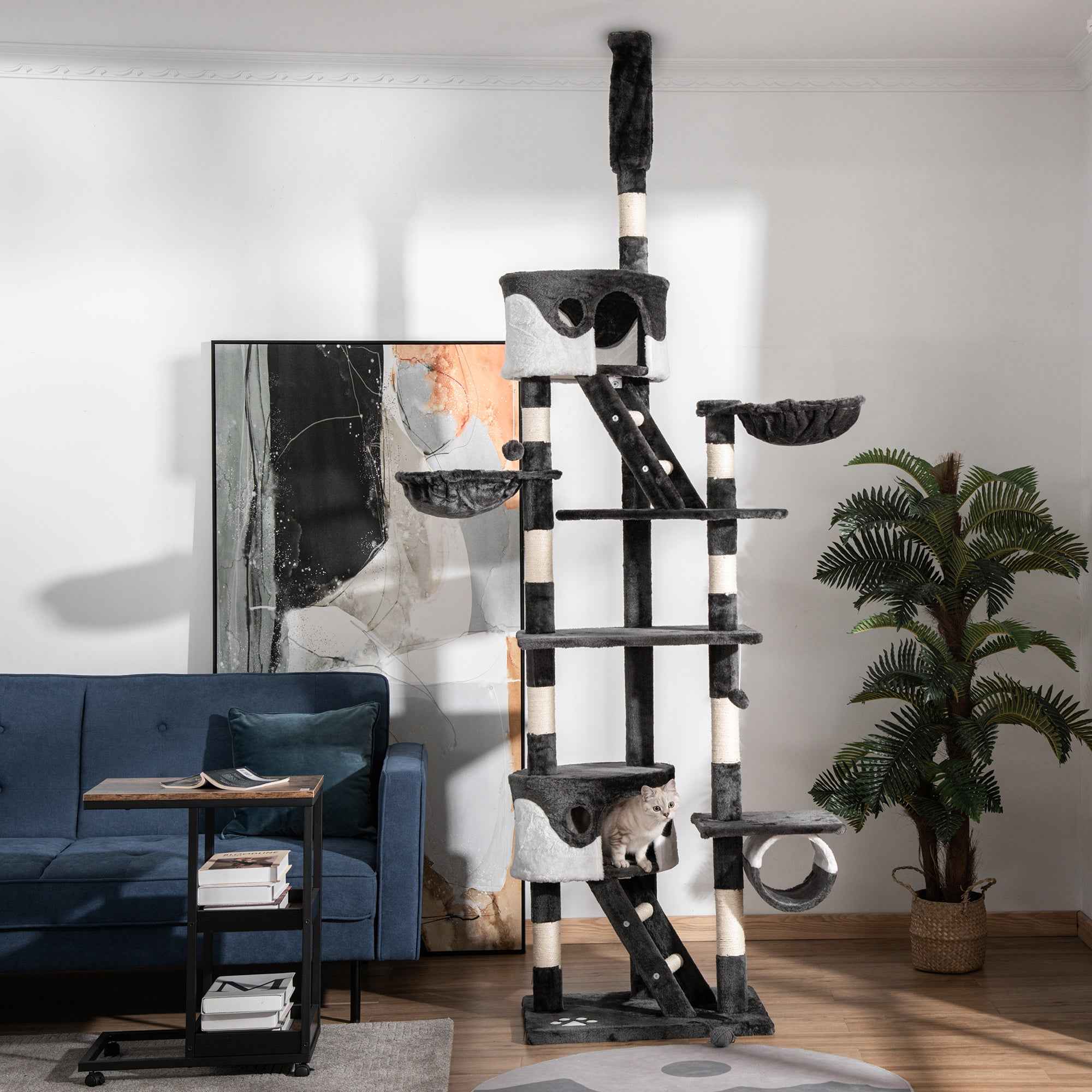 PawHut Floor-to-Ceiling Cat Tree for Indoor Cats, 240-260cm Adjustable Cat Tree - Dark grey