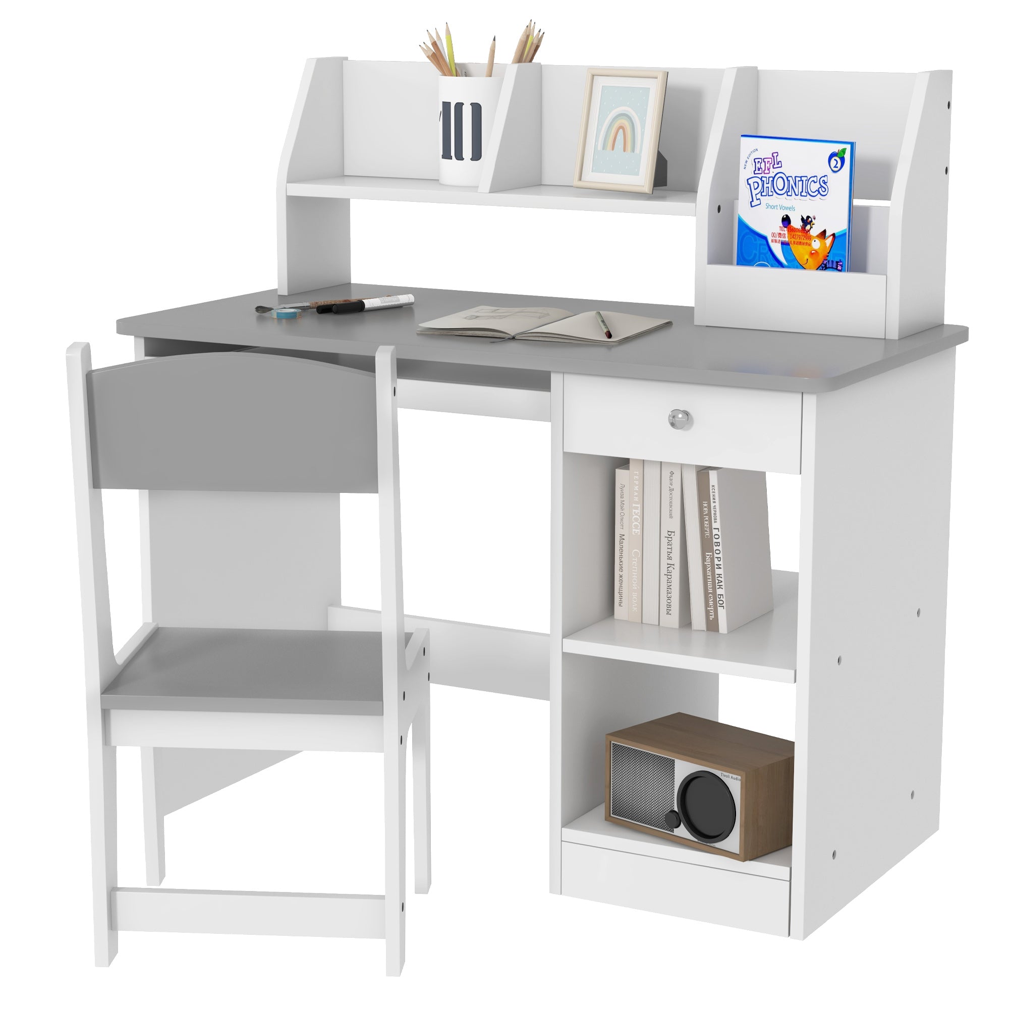 ZONEKIZ Two-Piece Kids Desk and Chair Set with Storage, for Ages 5-8 Years - Grey - North Peak Garden Furniture