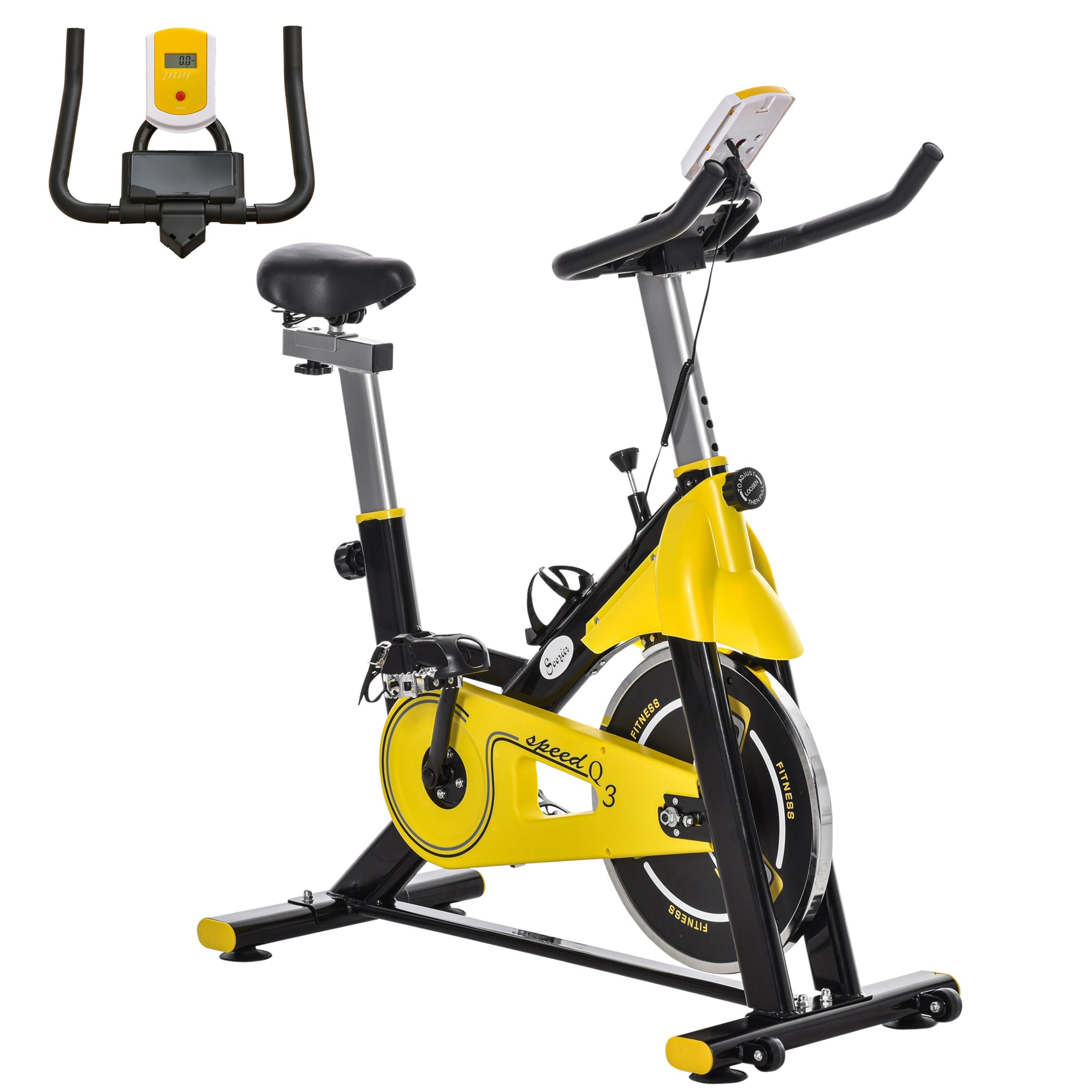 HOMCOM Exercise Bike, with 6kg Flywheel Belt Drive, Adjustable Resistance, LCD Display - Yellow - North Peak Garden Furniture