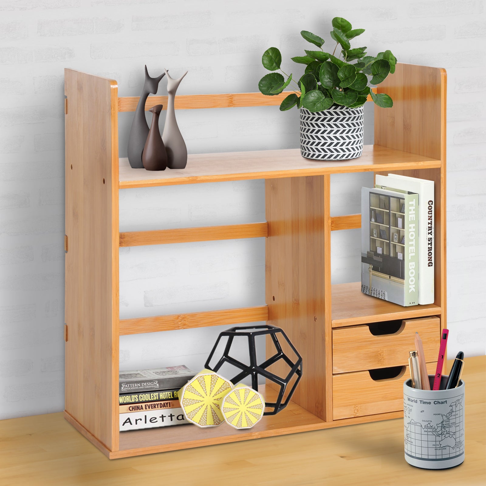 HOMCOM Desk Organiser Compartments Desktop Bookshelf Stationery Storage Shelf Document File Holder with 2 Drawers 2-way Reversed Use Bamboo - North Peak Garden Furniture