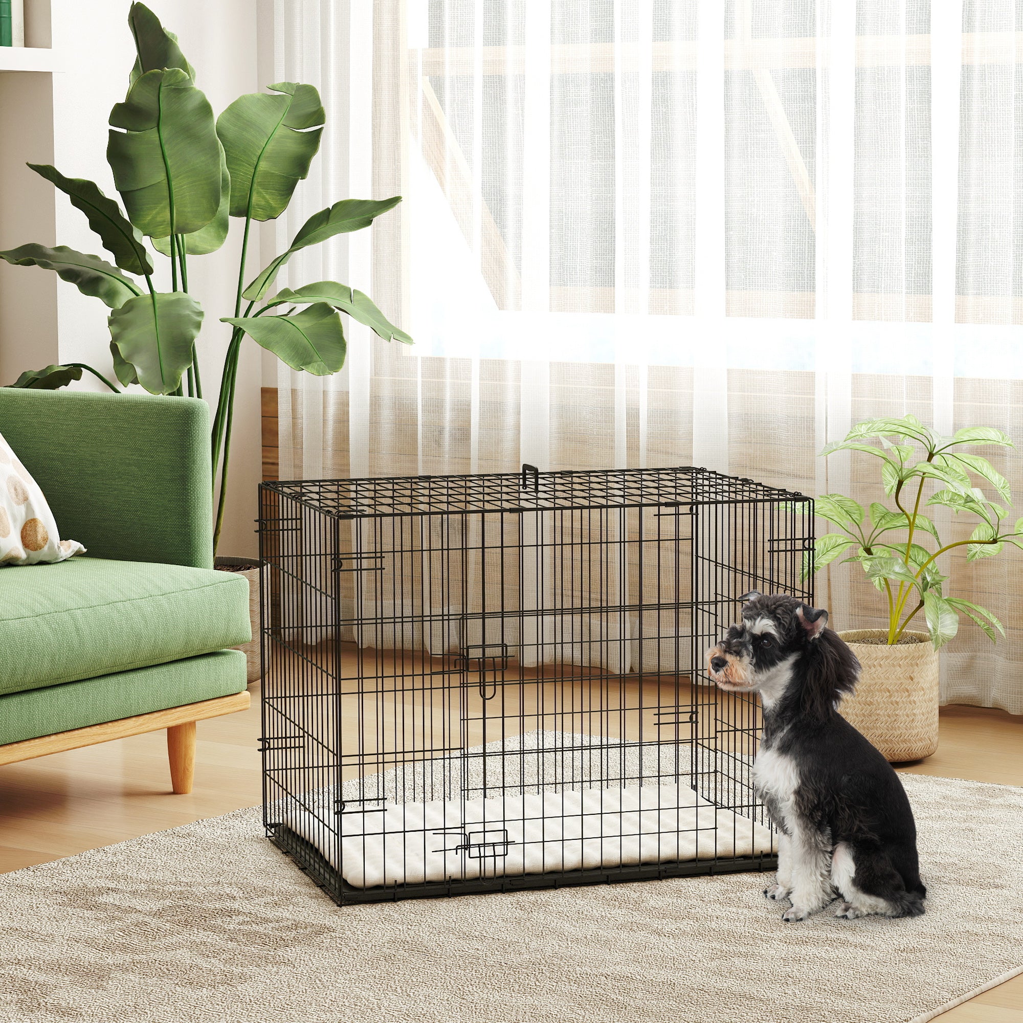 PawHut Dog Crate with 2 Doors with Tray, Soft Cushion, Foldable Metal Dog Cage for Small Dogs, 76 x 53 x 60, Black - North Peak Garden Furniture