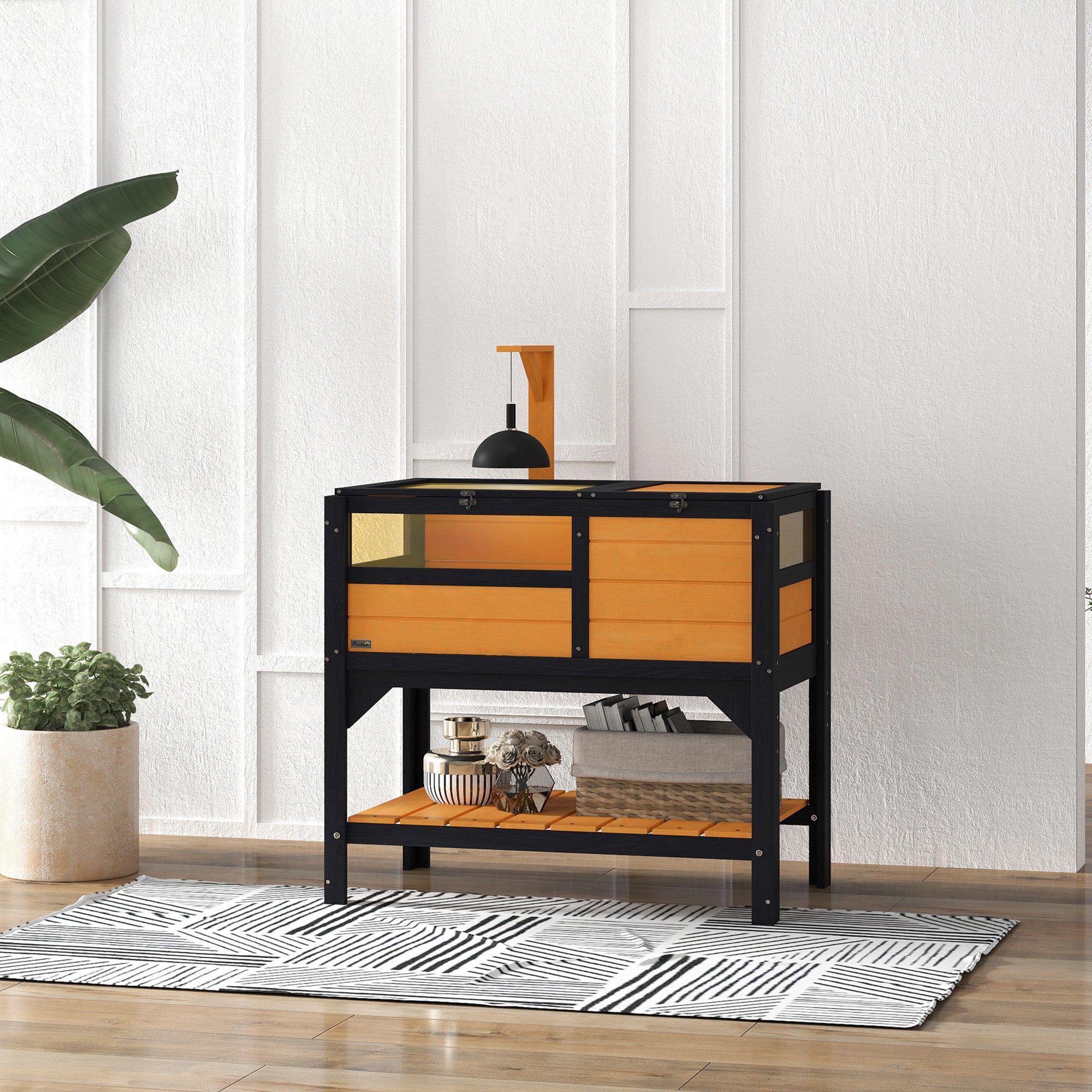 PawHut Wooden Tortoise House, with Shelter, Run, Shelf, Lamp Holder, Tray, Yellow - North Peak Garden Furniture