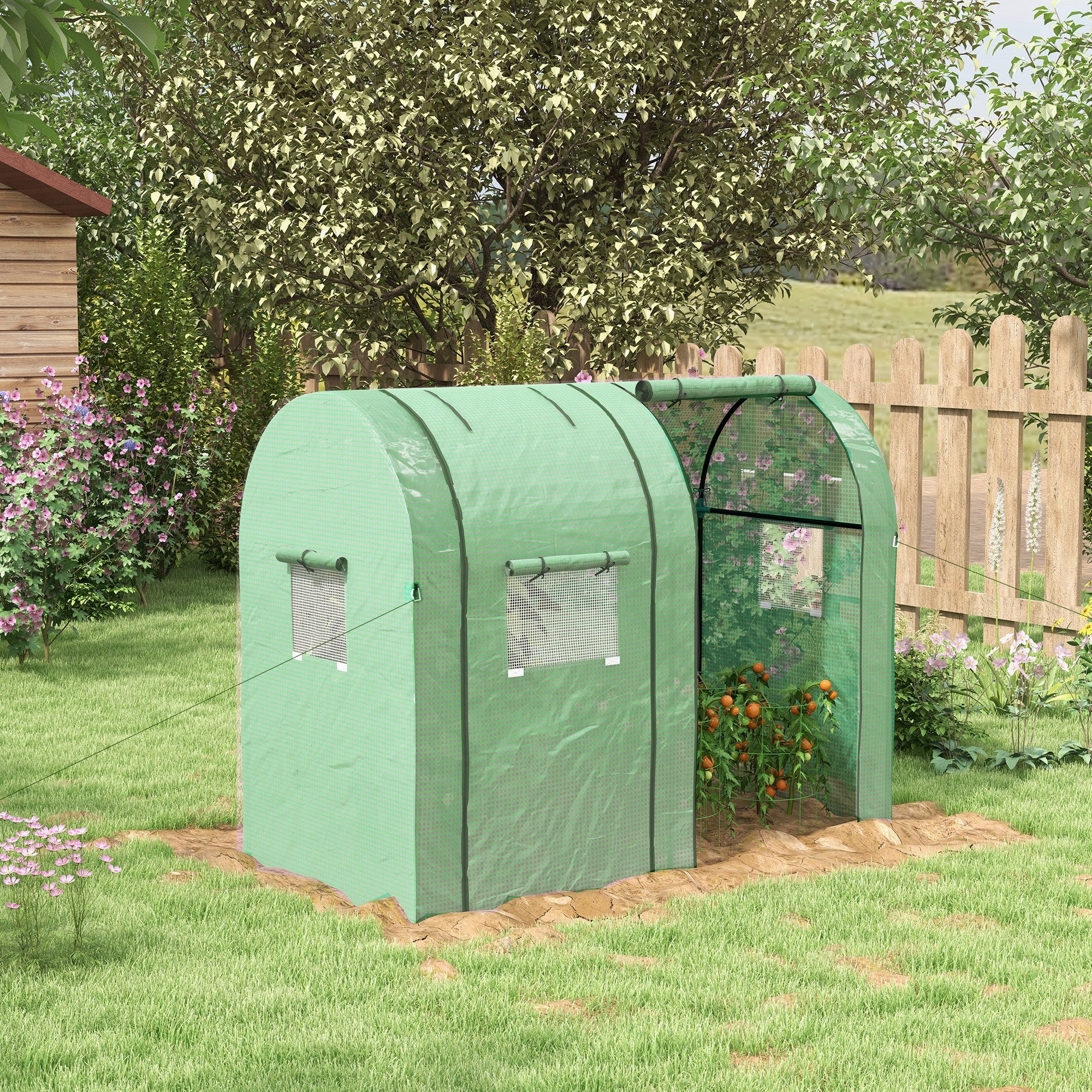 Outsunny Tomato Greenhouse, Garden Growhouse with 2 Roll-up Doors and 4 Mesh Windows, Portable Indoor Outdoor Green House, 185 x 94 x 150cm, Green - North Peak Garden Furniture